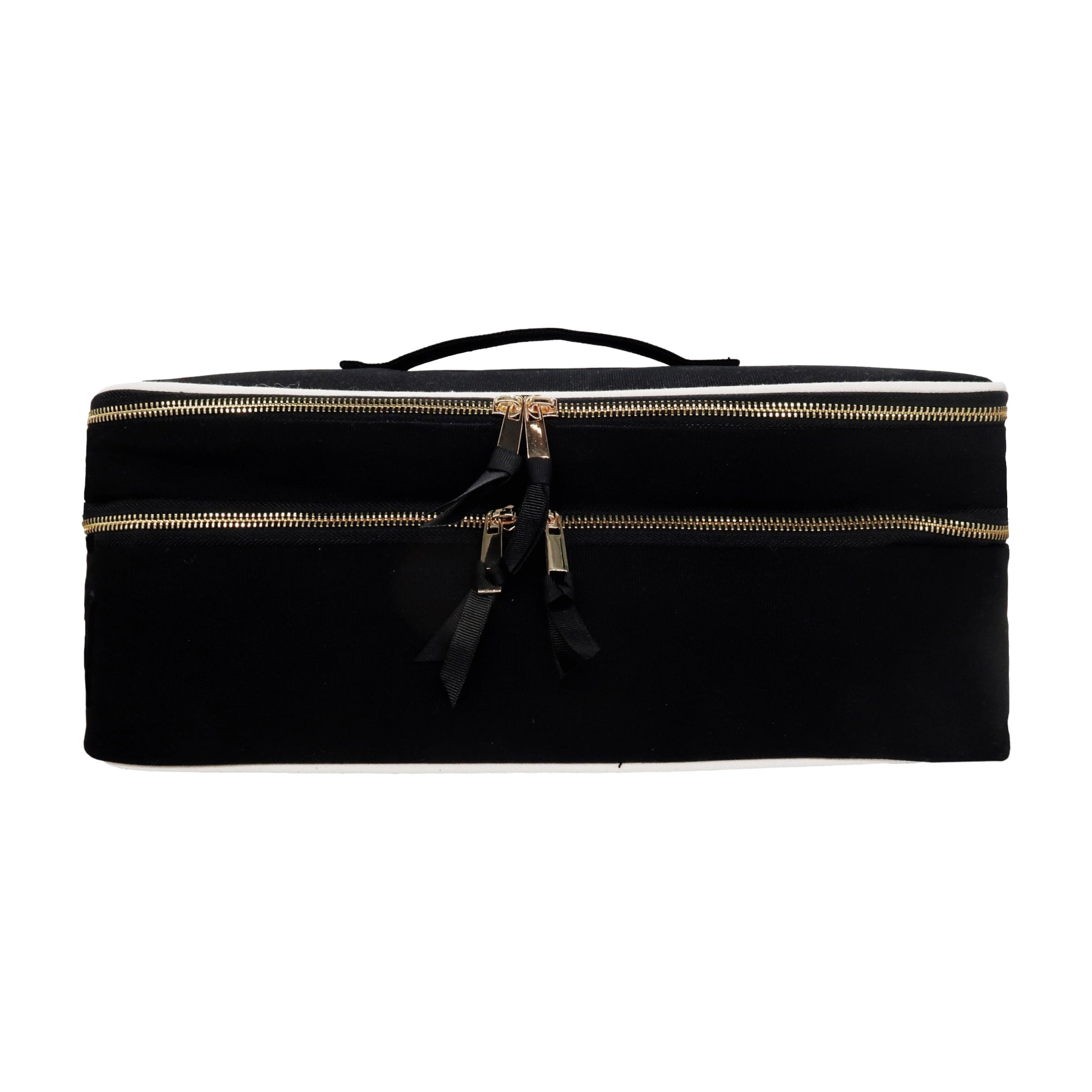 Bag-all Double Hair Tools Travel Case in black with dual compartments, gold zippers and heat-protective lining for Air wrap tools and accessories storage