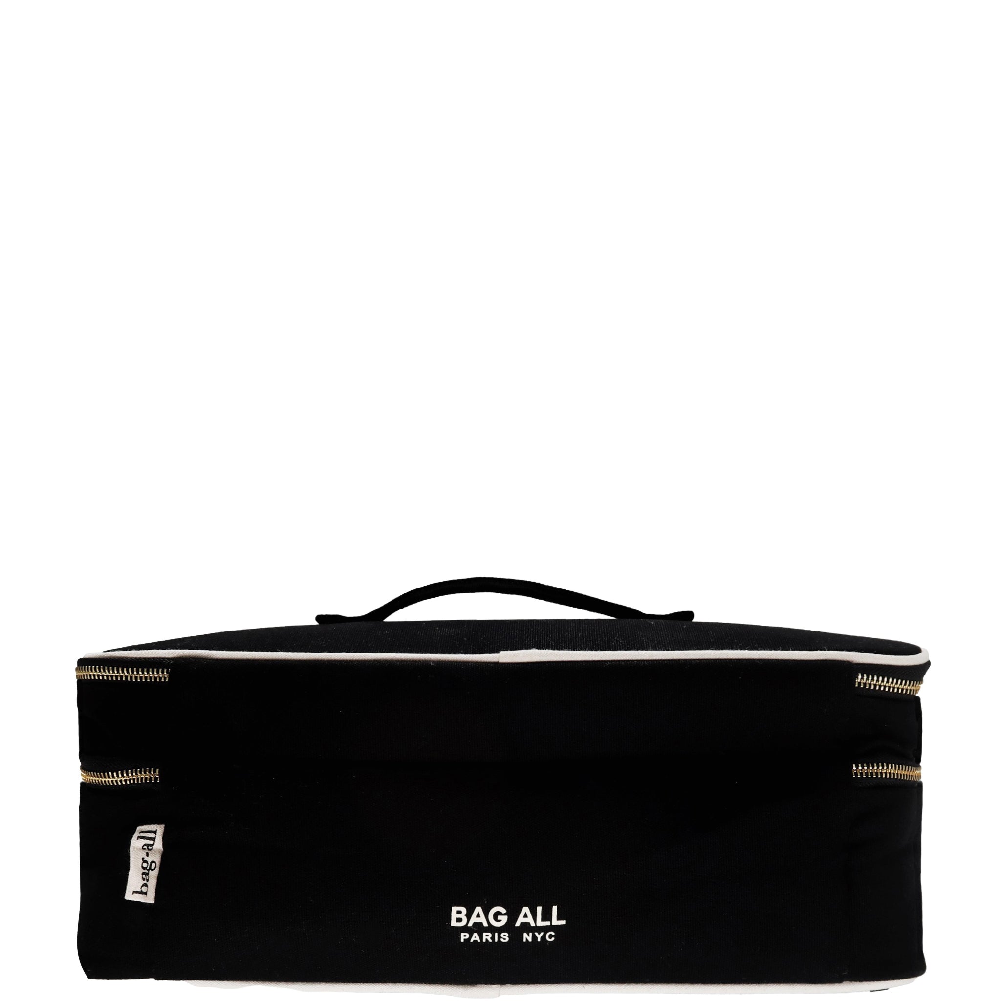 Black Bag-all double hair styling tools travel case with handle and gold zippers front view isolated on white