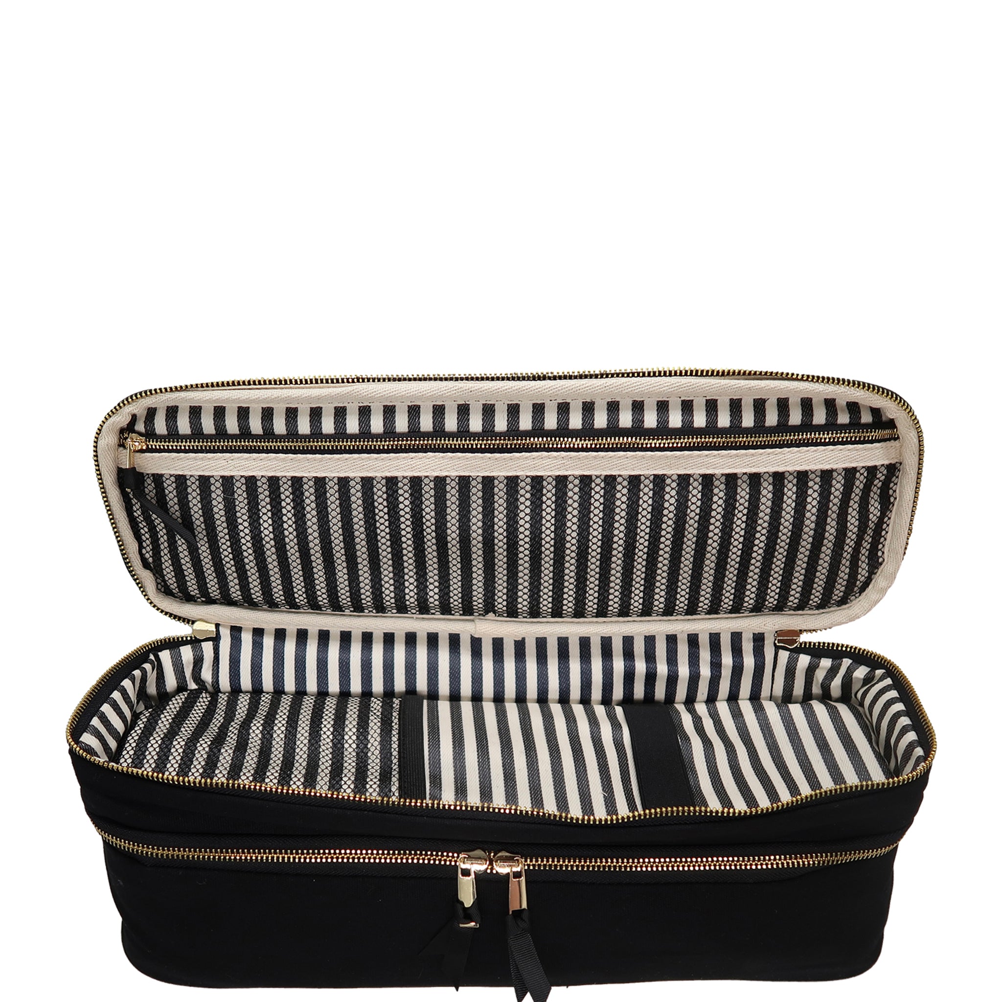 Open black Bag-all double hair tools travel case with striped interior and gold zipper detail