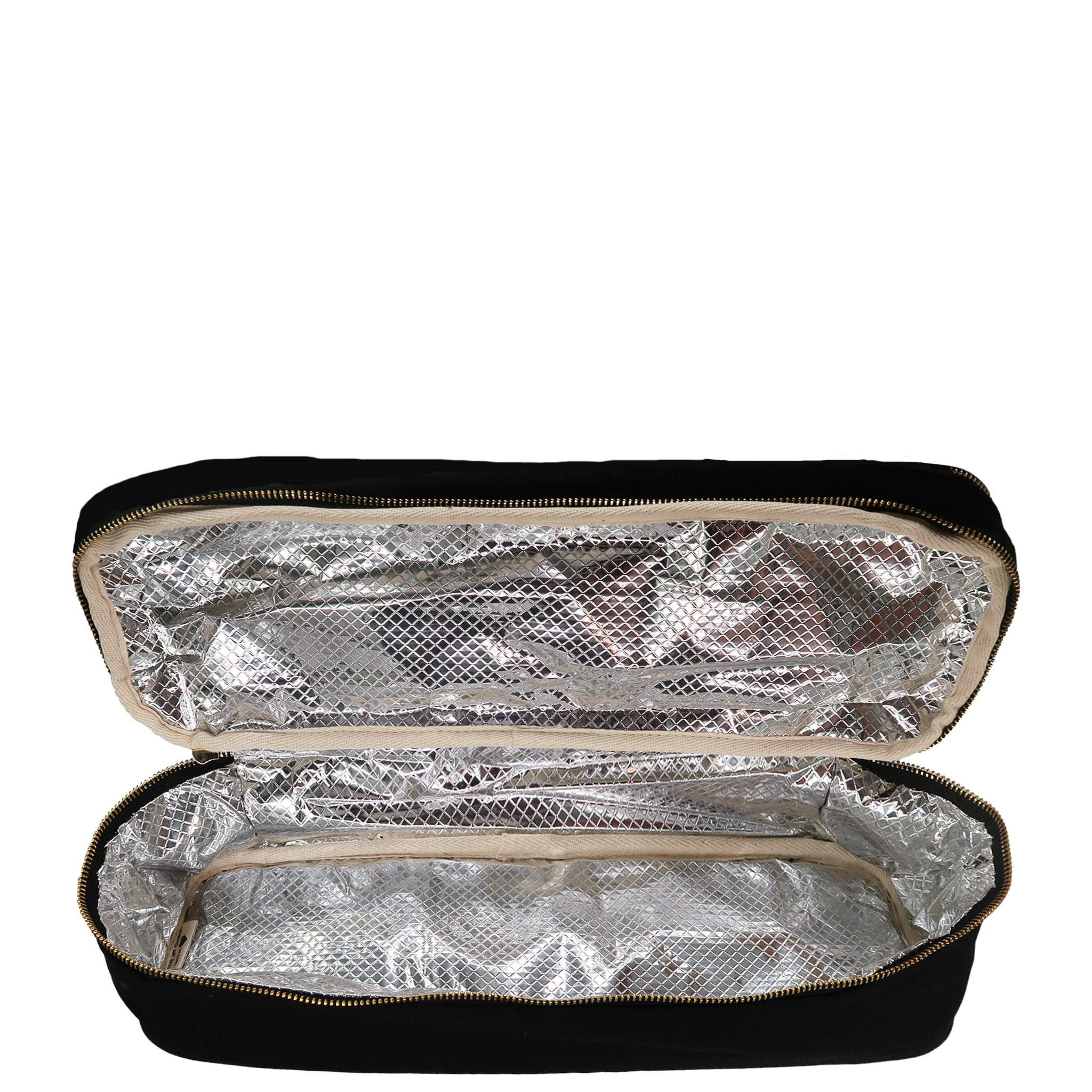 Black Bag-all double hair styling tools travel case open showing silver insulated interior lining