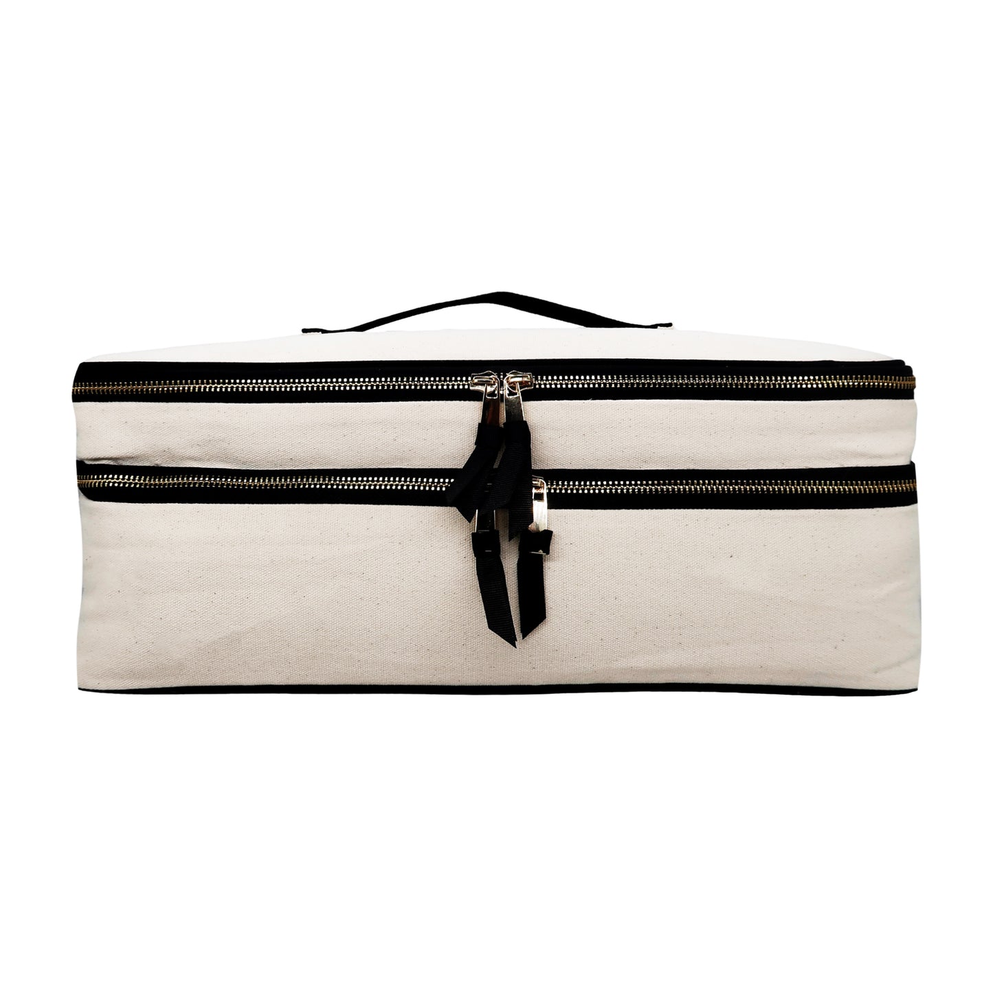 Bag-all Double Hair Tools Travel Case in cream canvas with black trim, featuring dual compartments with heat-protective lining and secure straps for styling tools