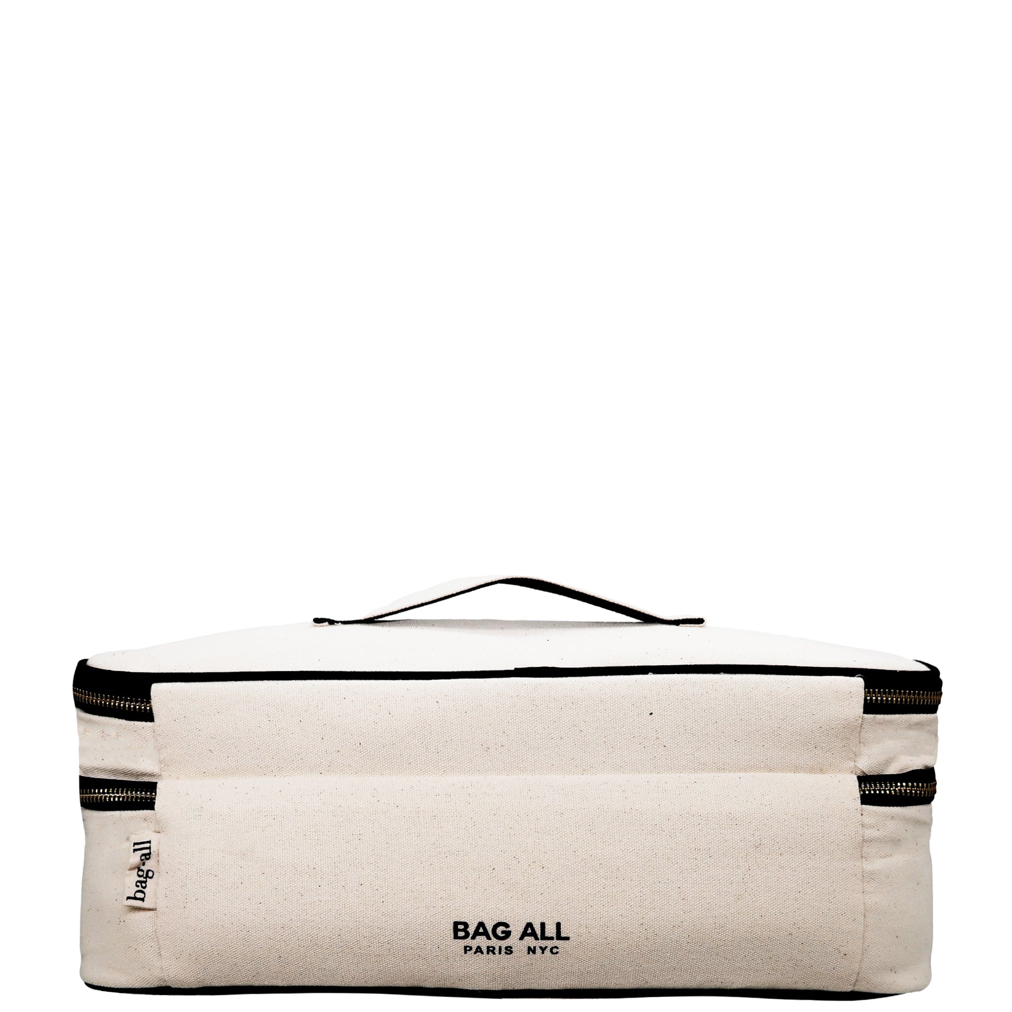 Cream Bag-all double hair styling tools travel case with black zipper and handle on white background