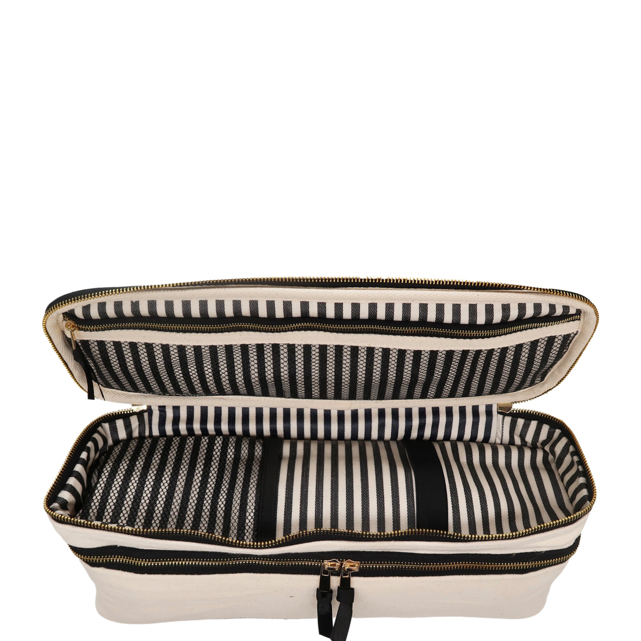 Open cream Bag-all double hair styling tools travel case with striped interior pockets and gold zipper