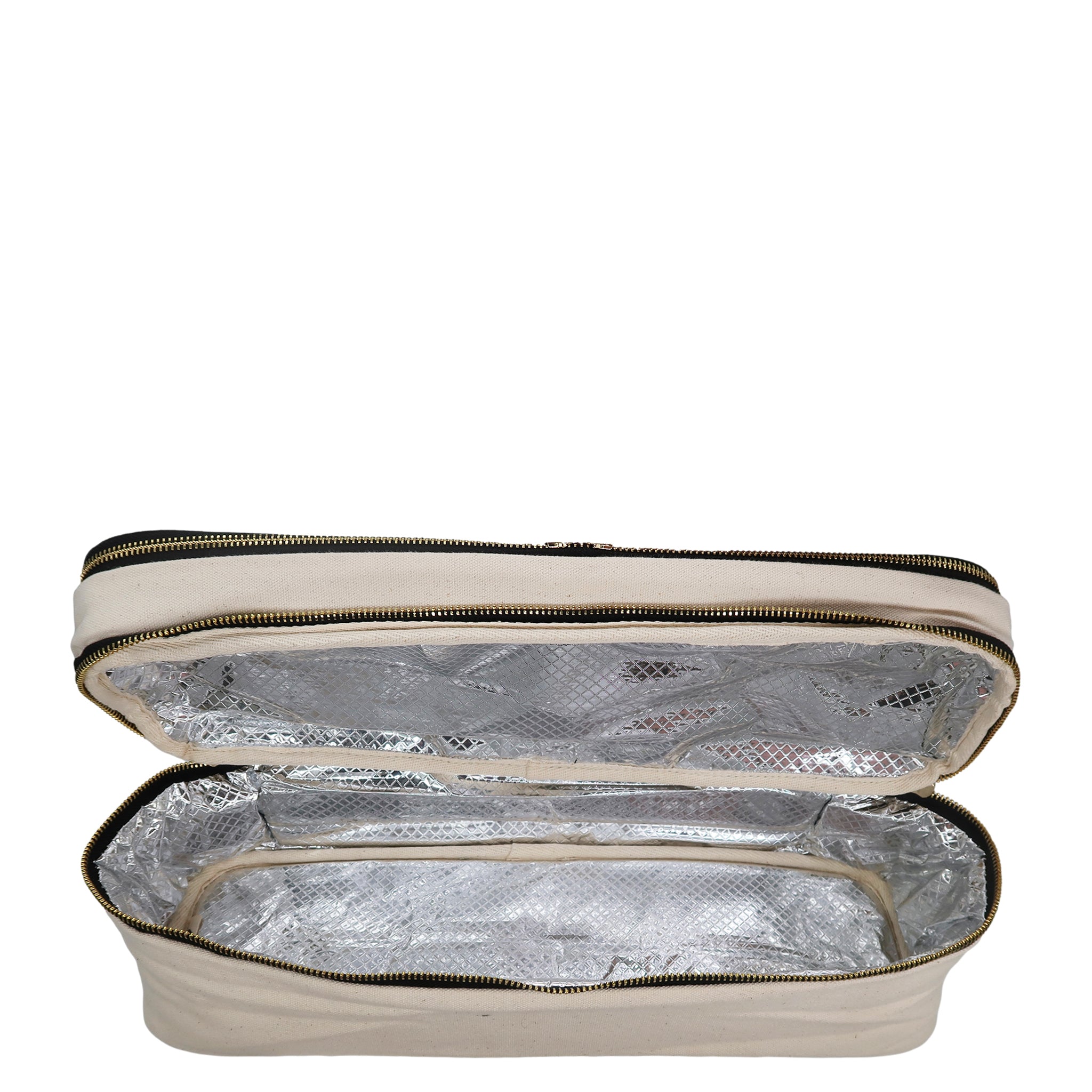 Cream Bag-all double hair styling tools travel case open showing silver insulated interior lining