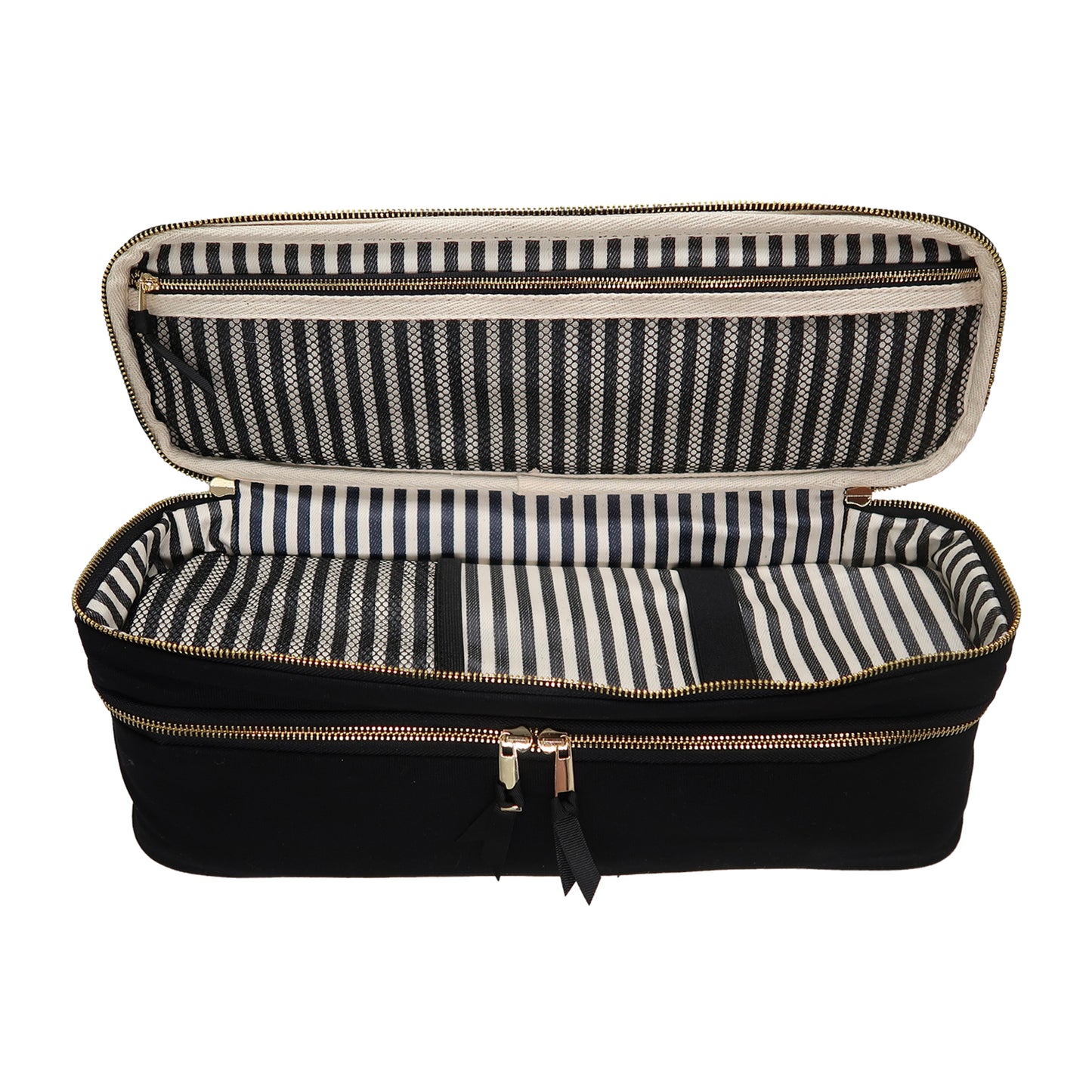 Bag-all Double Hair Tools Travel Case in Black with striped interior lining, dual compartments, and heat-protective bottom for styling tools organization and protection