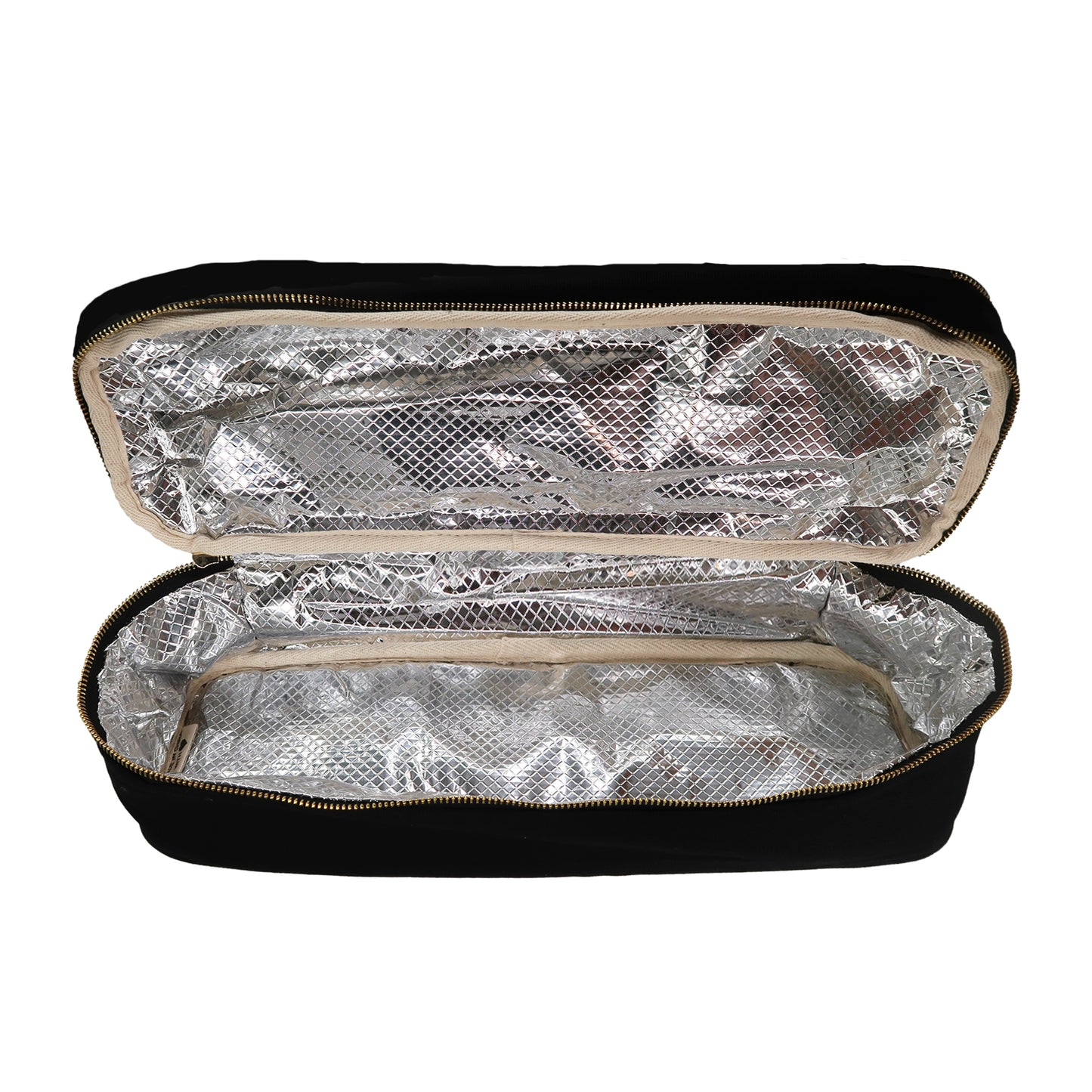 Bag-all Double Hair Tools Travel Case in Black with heat-protective silver lining, dual compartments, and secure rubber bands for Airwrap storage and organization