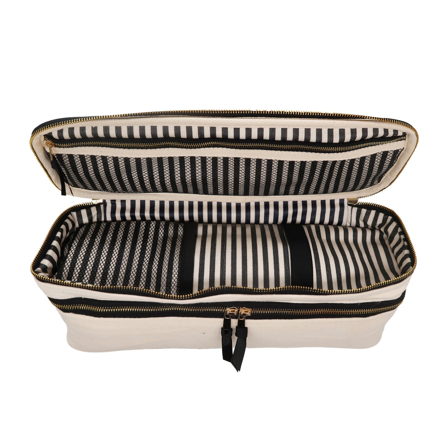 Bag-all Double Hair Tools Travel Case in Cream with striped interior, dual compartments, heat-protective lining and secure bands for Airwrap storage