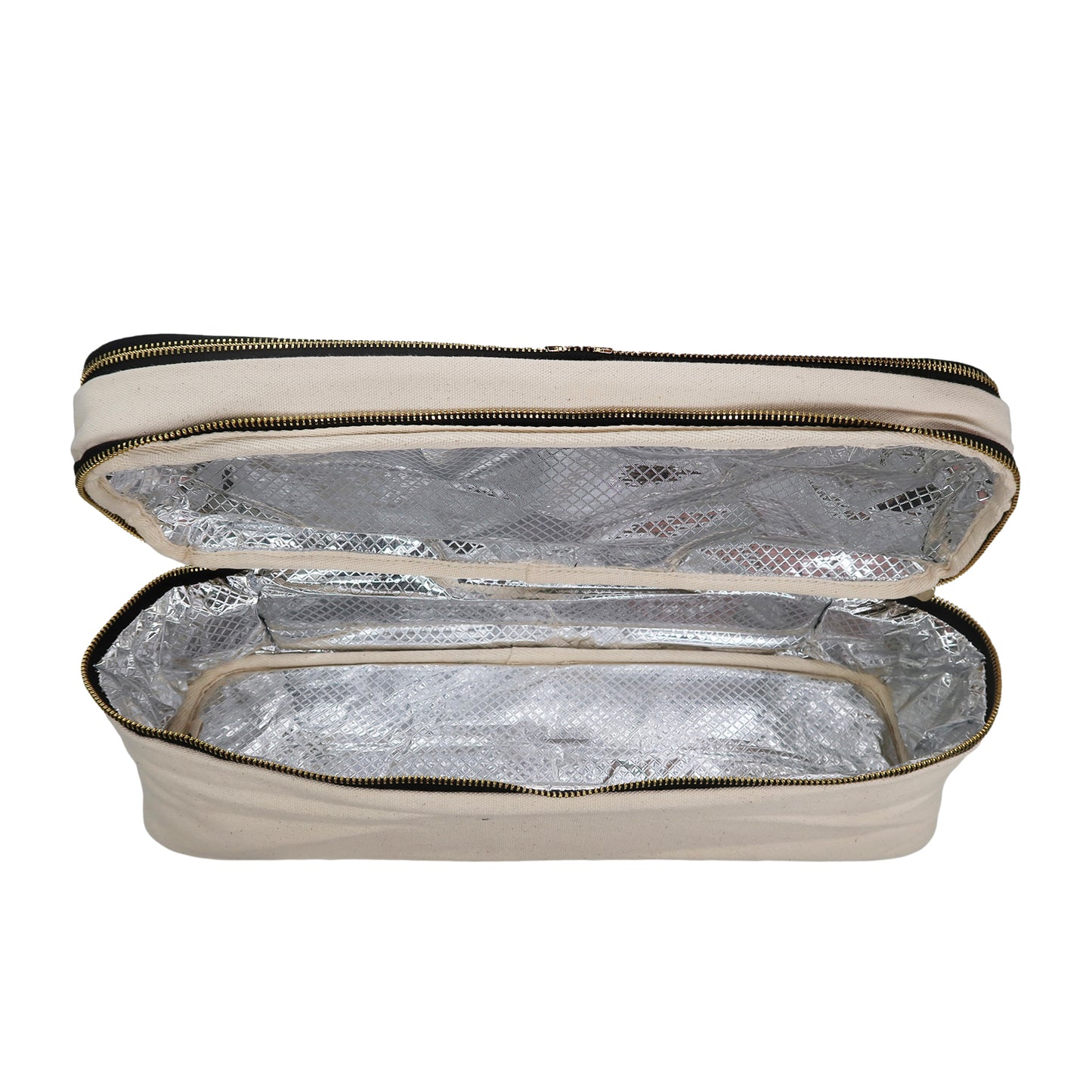Bag-all Double Hair Tools Travel Case in Cream with heat-protective silver lining, dual compartments, and secure zipper closure for styling tools storage and organization