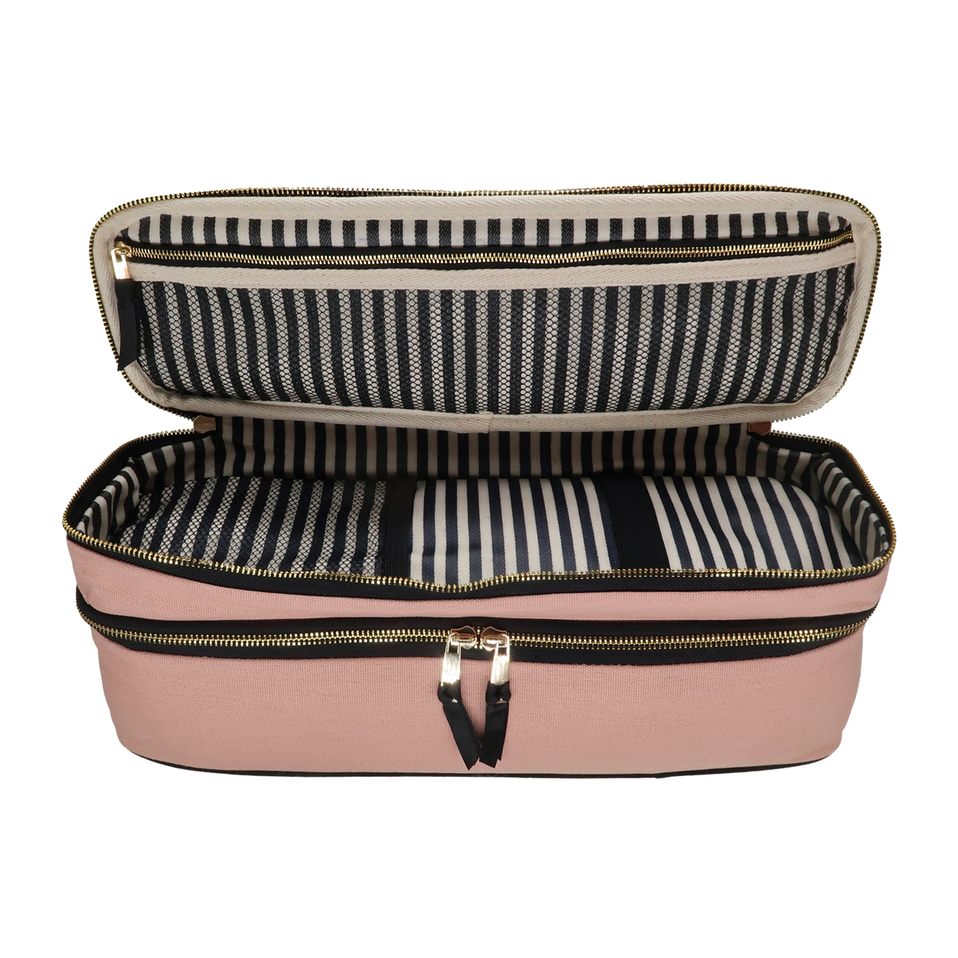 Bag-all Double Hair Tools Travel Case in Pink/Blush with striped interior lining, dual compartments, heat-protective bottom, and secure bands for Airwrap accessories