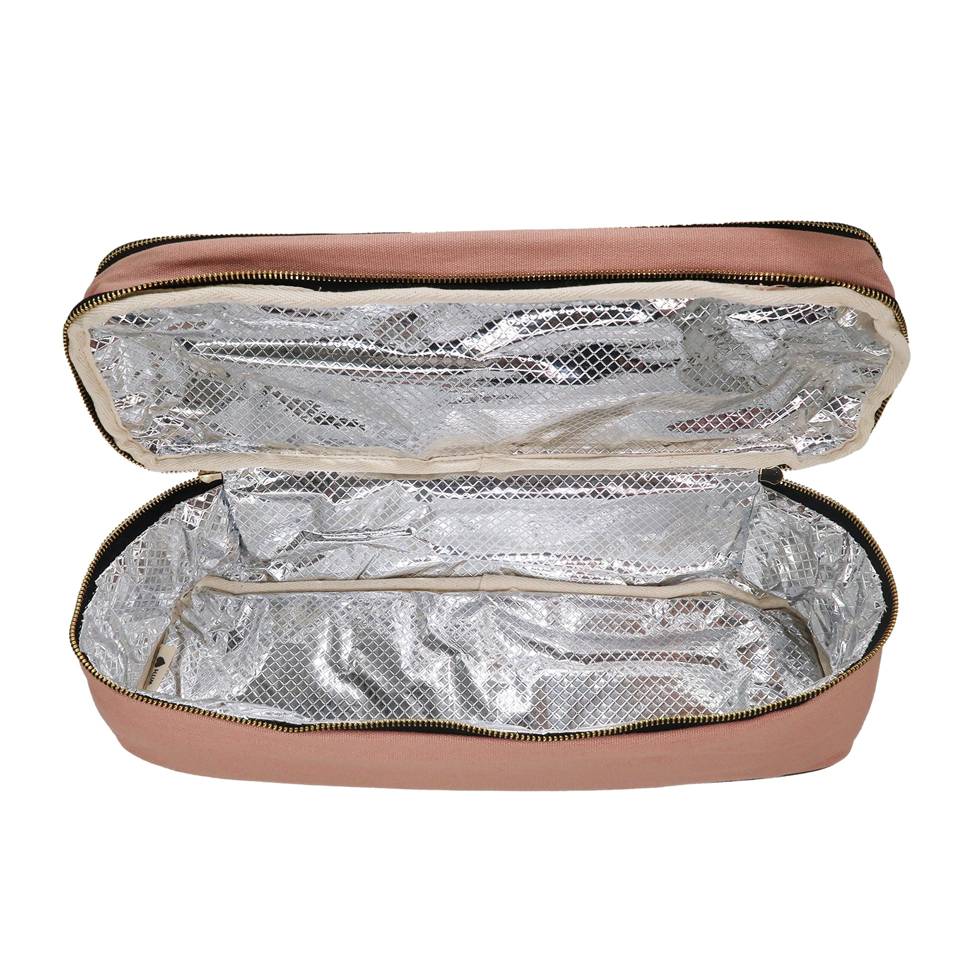 Bag-all Double Hair Tools Travel Case in Pink/Blush with heat-protective silver lining, dual compartments, elastic bands, and storage pocket for styling accessories and Airwrap parts.