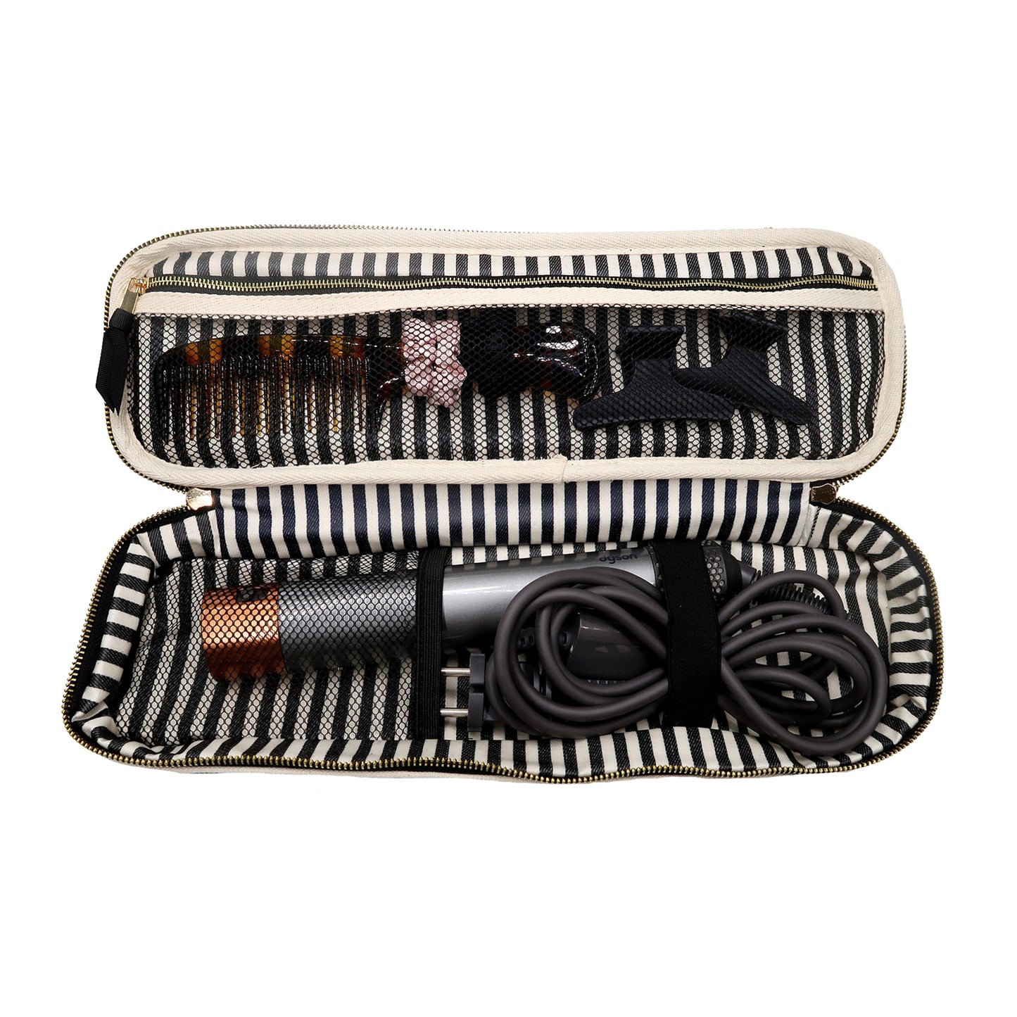 Bag-all Double Hair Tools Travel Case in Cream with striped interior, featuring dual compartments, heat-protective lining, and elastic bands for Airwrap storage and organization