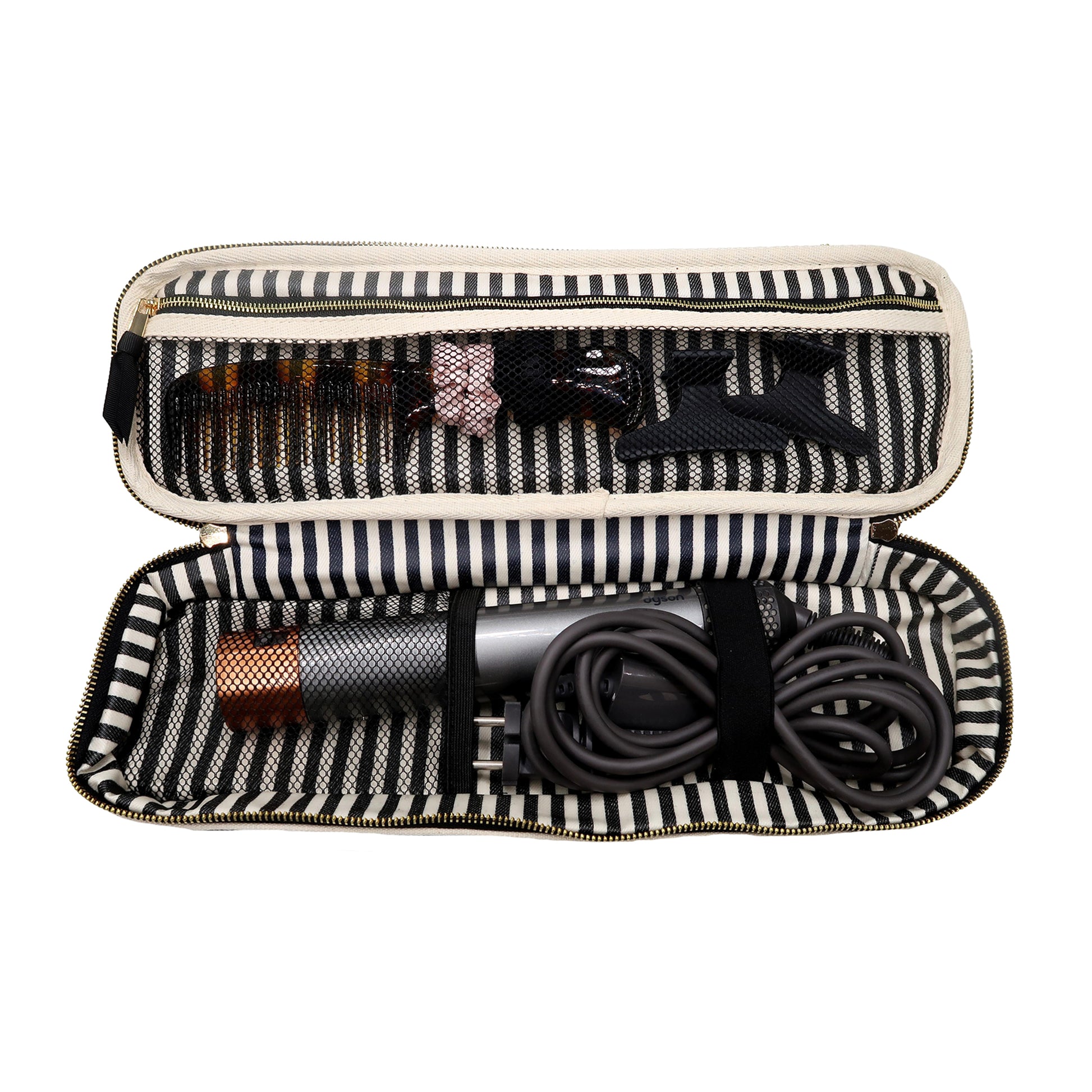 Bag-all Double Hair Tools Travel Case in Cream with striped interior, featuring dual compartments, heat-protective lining, and elastic bands for Airwrap storage and organization