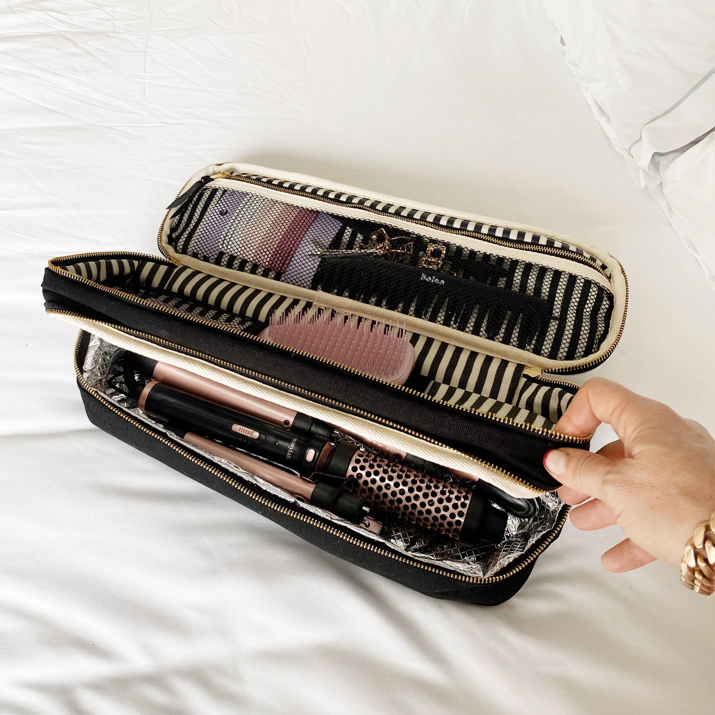 Bag-all Double Hair Tools Travel Case in Black featuring dual compartments, heat-protective lining, and secure bands for Airwrap storage and organization