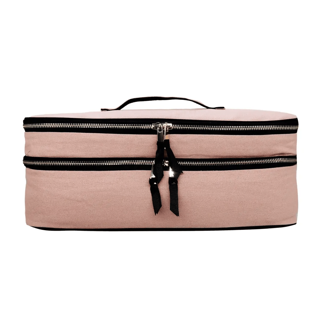 Bag-all Double Hair Tools Travel Case in pink blush with dual compartments, heat-protective lining, and secure bands for Airwrap storage and organization