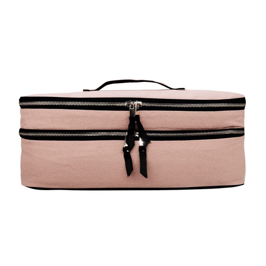 Bag-all Double Hair Tools Travel Case in pink blush with dual compartments, heat-protective lining, and secure bands for Airwrap storage and organization