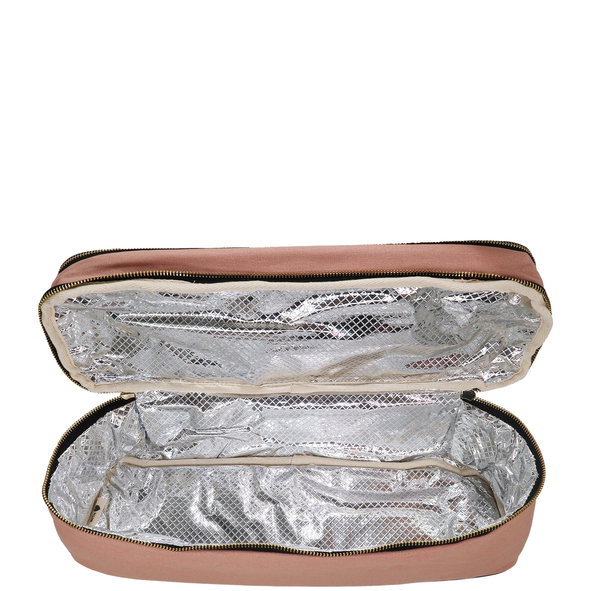 Open pink Bag-all Double Hair Styling Tools Travel Case showing silver insulated interior and black zipper trim