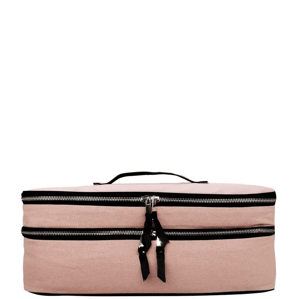 Pink blush Bag-all double hair styling tools travel case with two zip compartments and black handle