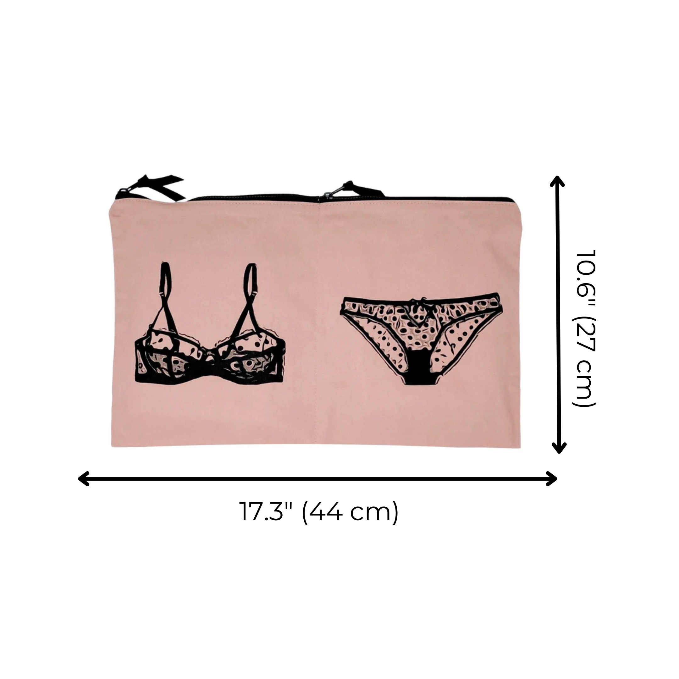 Bag-all Double Lingerie Packing Pouch in pink/blush featuring black illustrated bra and panty design, dual compartments with metal zippers, measures 17.3 x 10.6 inches