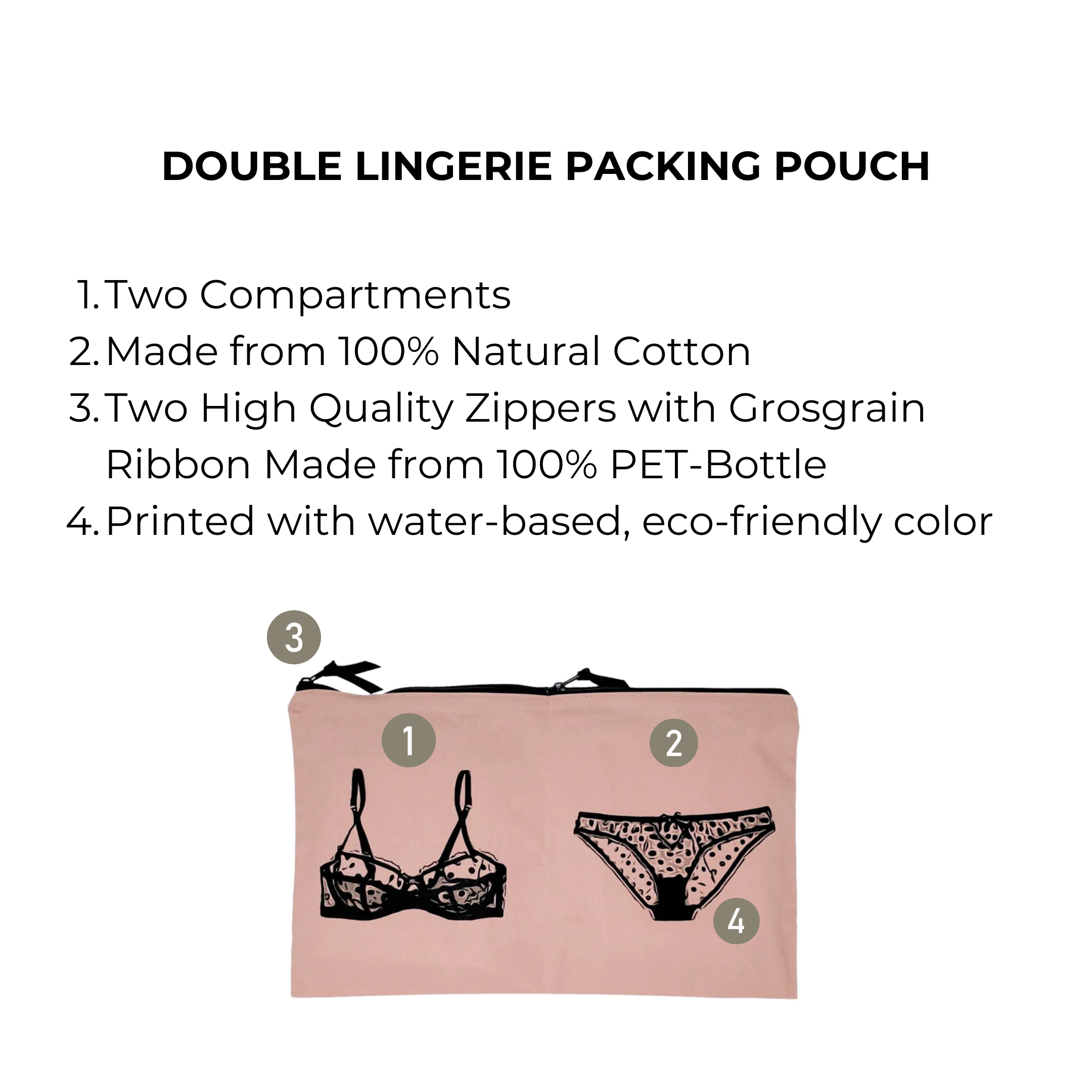 Bag-all Double Lingerie Packing Pouch in pink/blush features dual compartments with lingerie print, cotton material, and durable metal zippers for organized travel and storage.