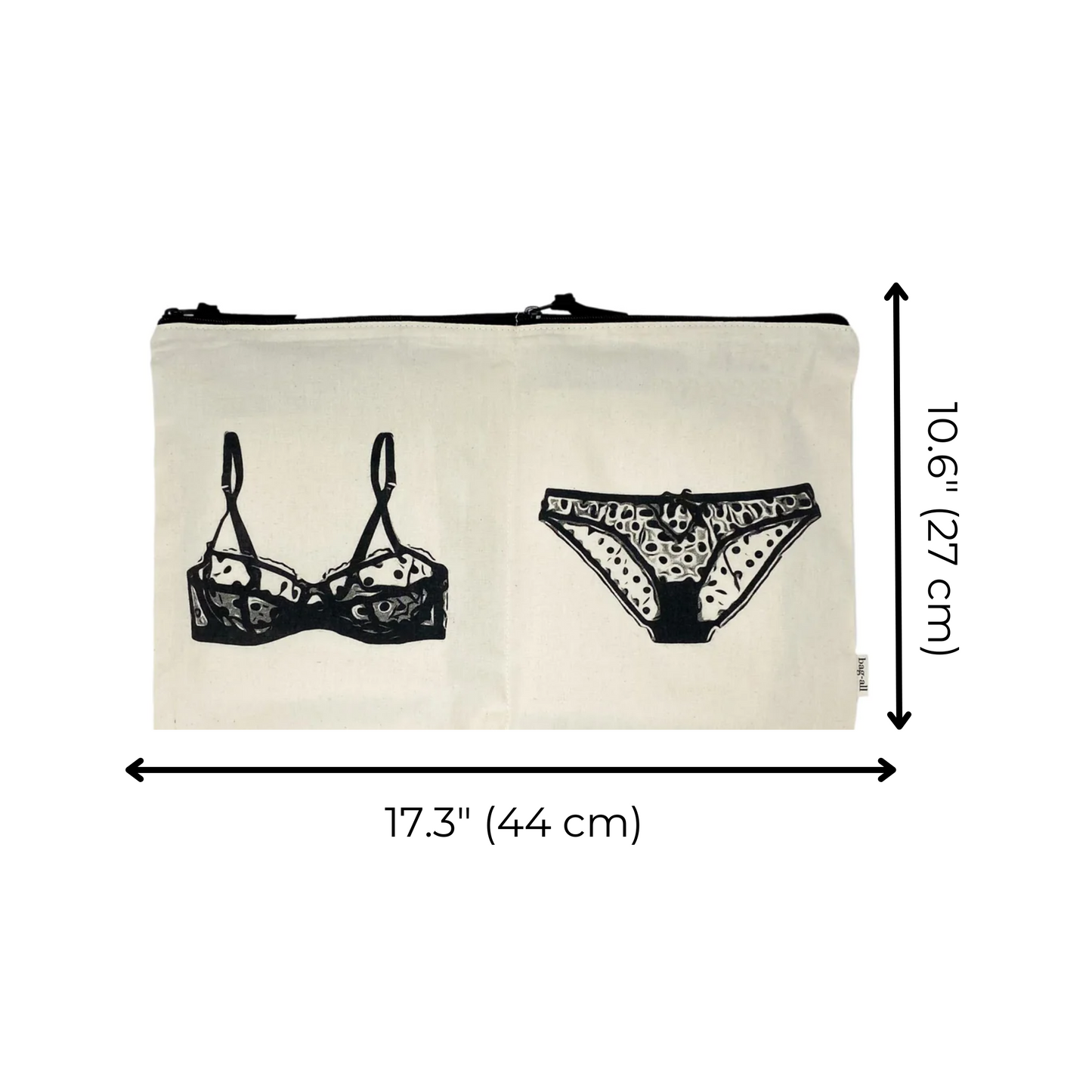 Bag-all Double Lingerie Packing Pouch in cream cotton featuring black lingerie illustrations - dual compartment travel organizer for bras and underwear storage