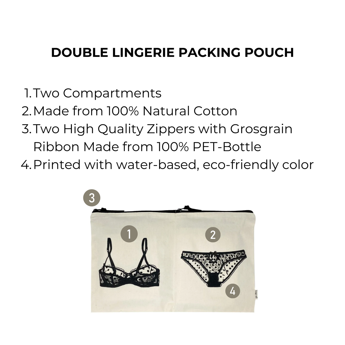 Bag-all Double Lingerie Packing Pouch in Cream - eco-friendly cotton travel organizer with dual compartments for bras and underwear, featuring recycled zipper pulls