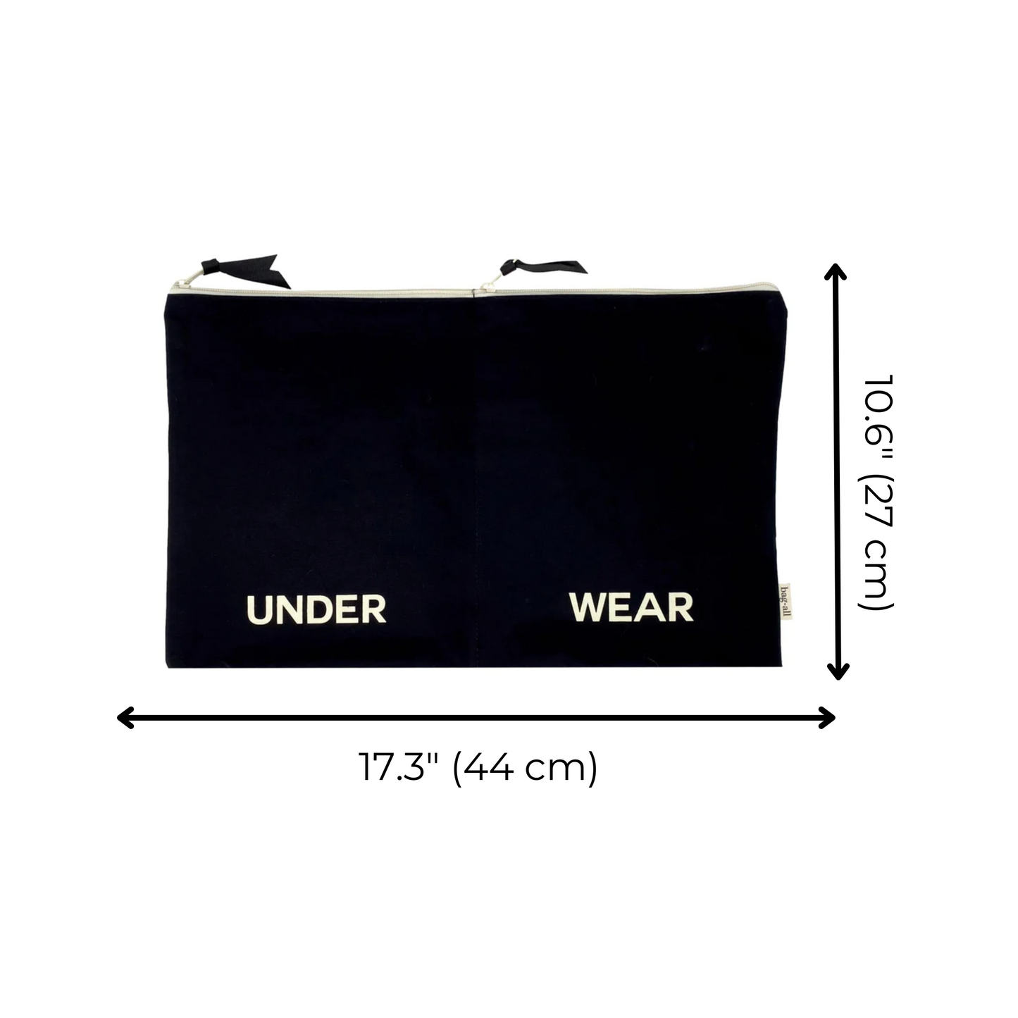 Bag-all Double Lingerie Packing Pouch in black cotton with UNDER WEAR text, dual zippers, and recycled grosgrain ribbon, measuring 17.3 x 10.6 inches for organized travel storage