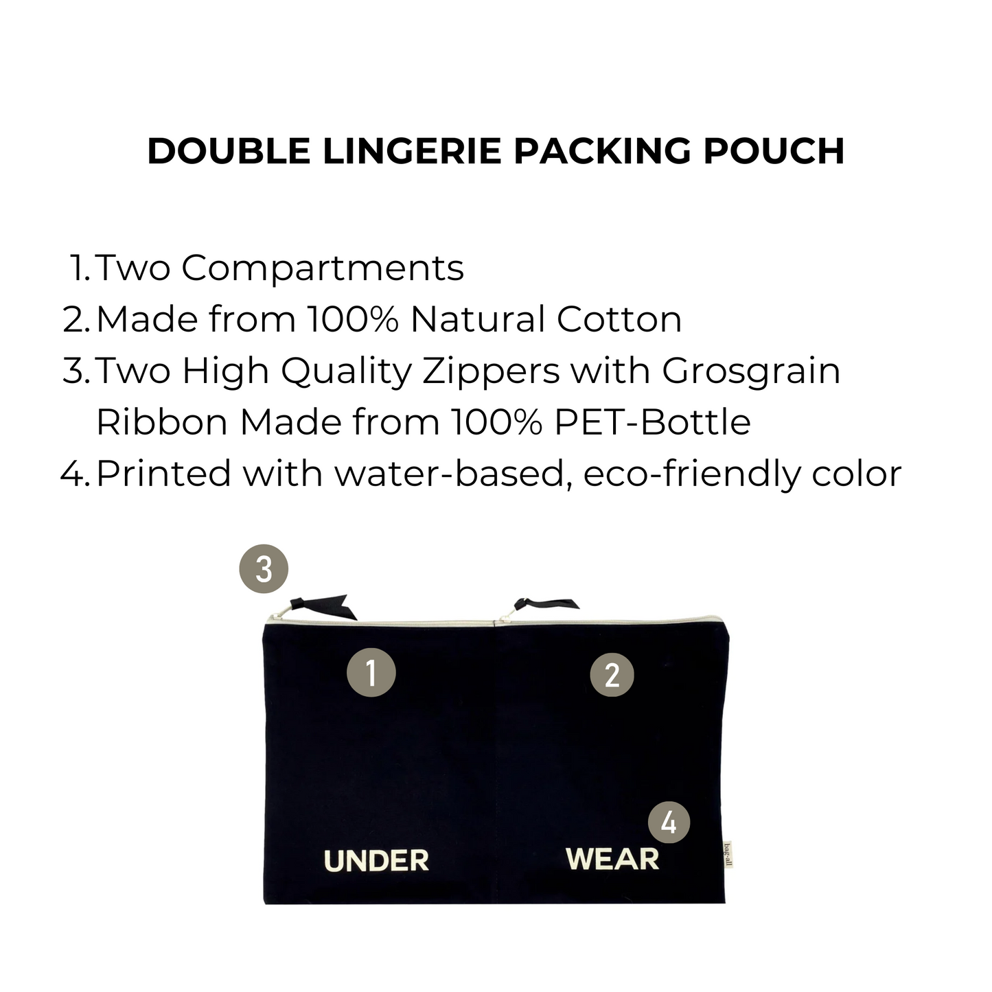 Bag-all Double Lingerie Packing Pouch in black cotton with dual compartments and recycled zipper ribbons. Features UNDER/WEAR text print and eco-friendly construction