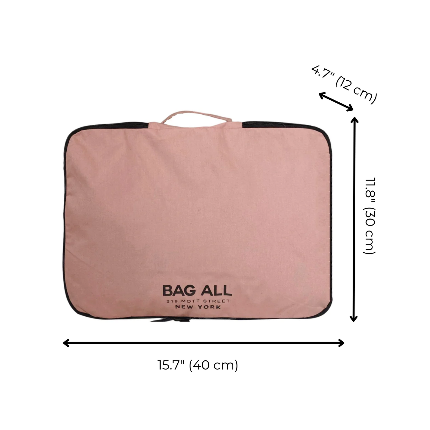 Bag-all Large Double Sided Packing Cube in blush pink with black trim, featuring multiple compartments and top handle, measures 15.7x11.8x4.7 inches