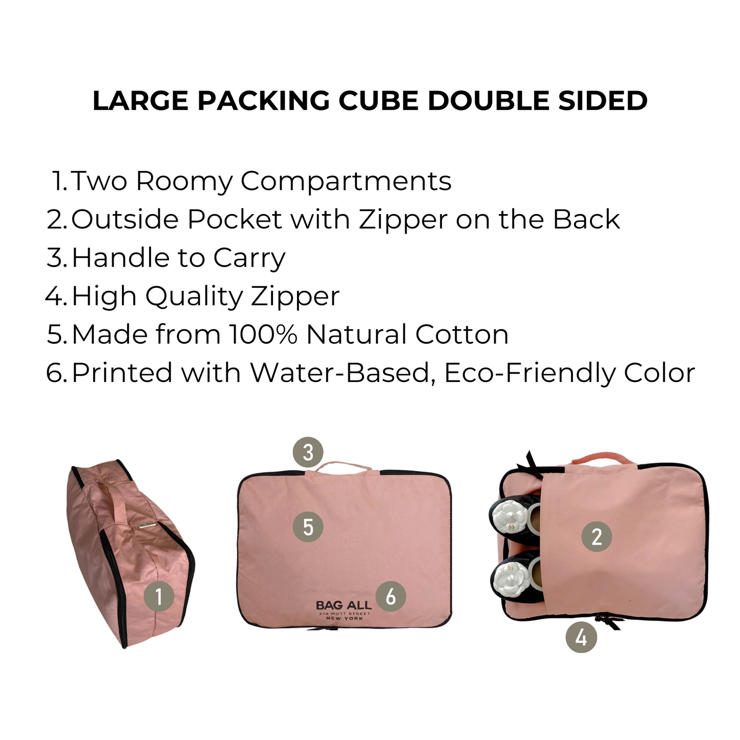 Bag-all Large Packing Cube Double Sided in Pink/Blush features two roomy compartments, exterior pocket, carrying handle, and eco-friendly cotton construction for organized travel storage