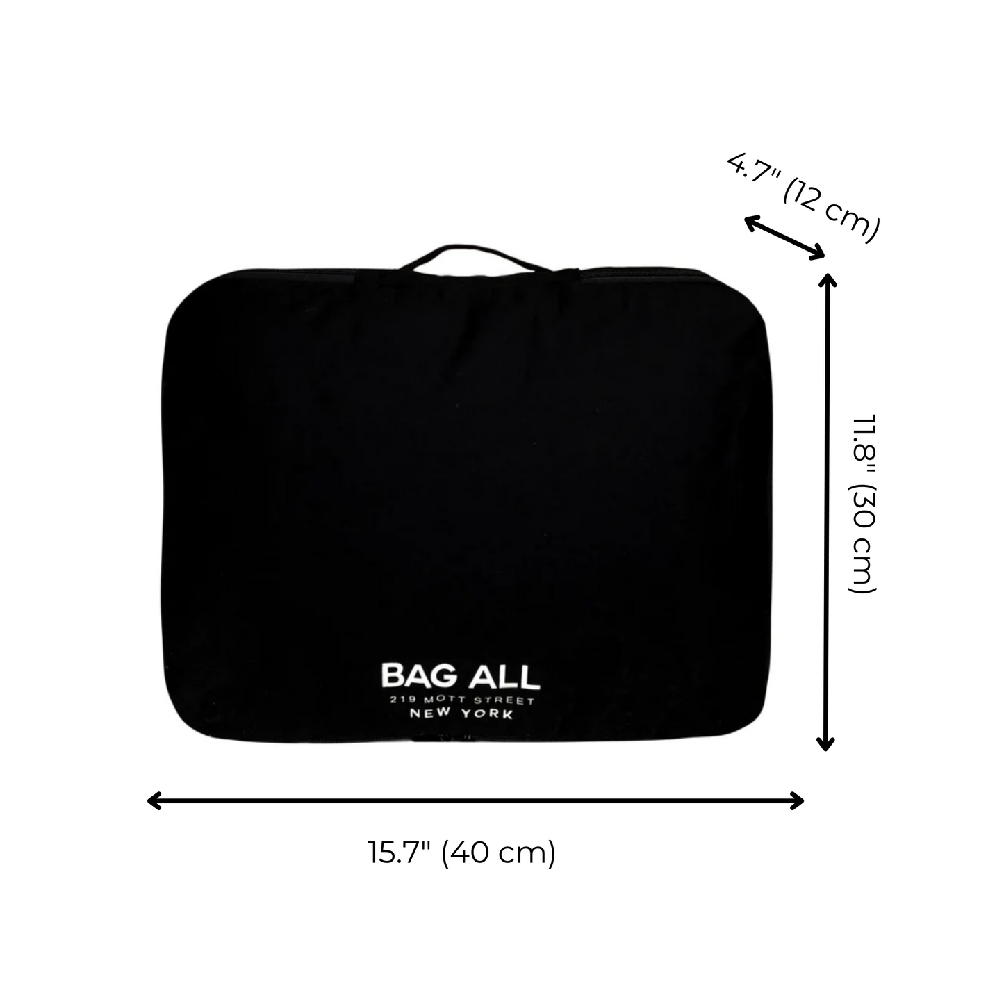 Bag-all Large Double Sided Packing Cube in black with dual compartments, featuring dimensions 15.7" x 11.8" x 4.7", perfect for organized travel and wrinkle-free clothing storage