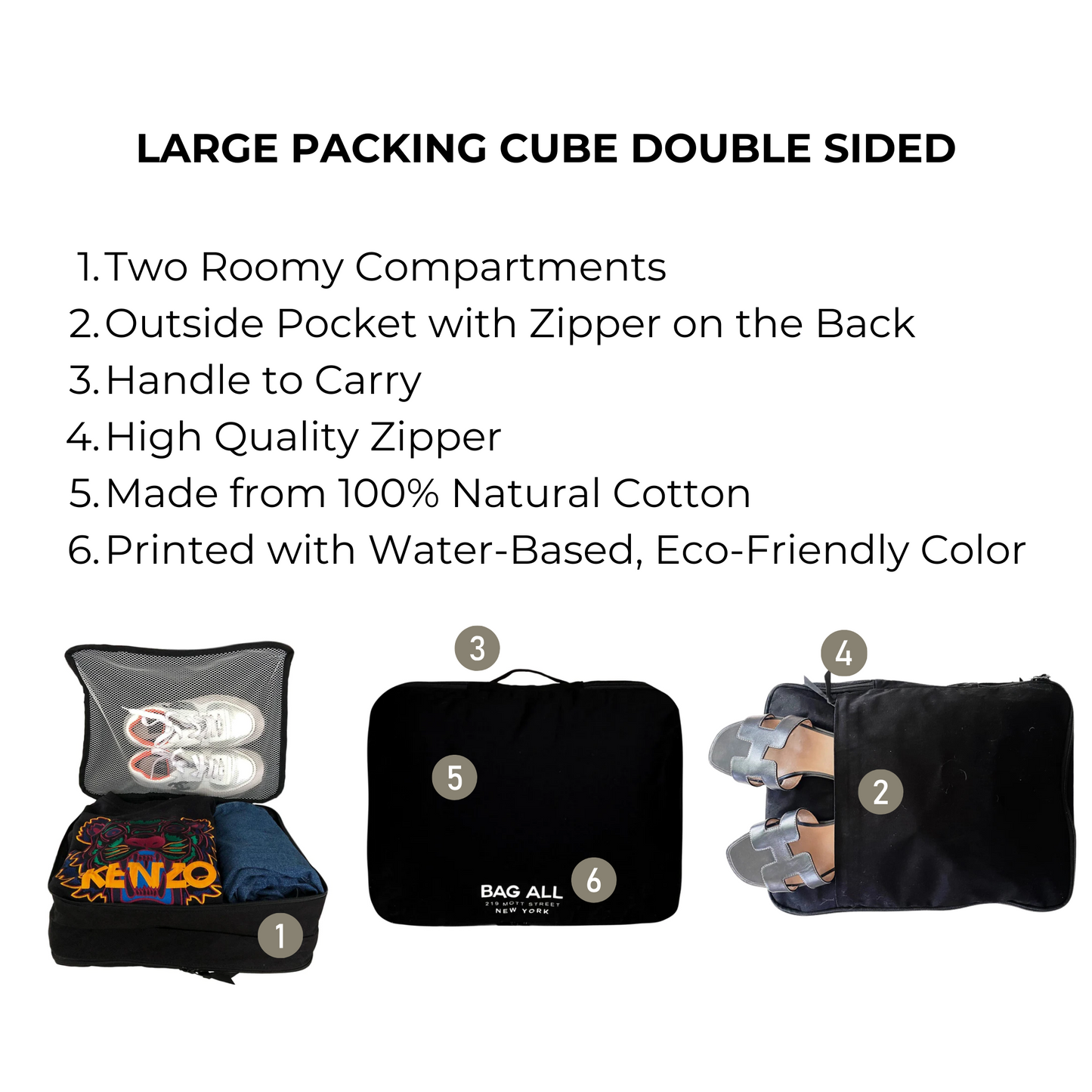 Bag-all Large Packing Cube Double Sided Black features two spacious compartments, exterior shoe pocket, carry handle, and eco-friendly cotton construction for organized travel storage