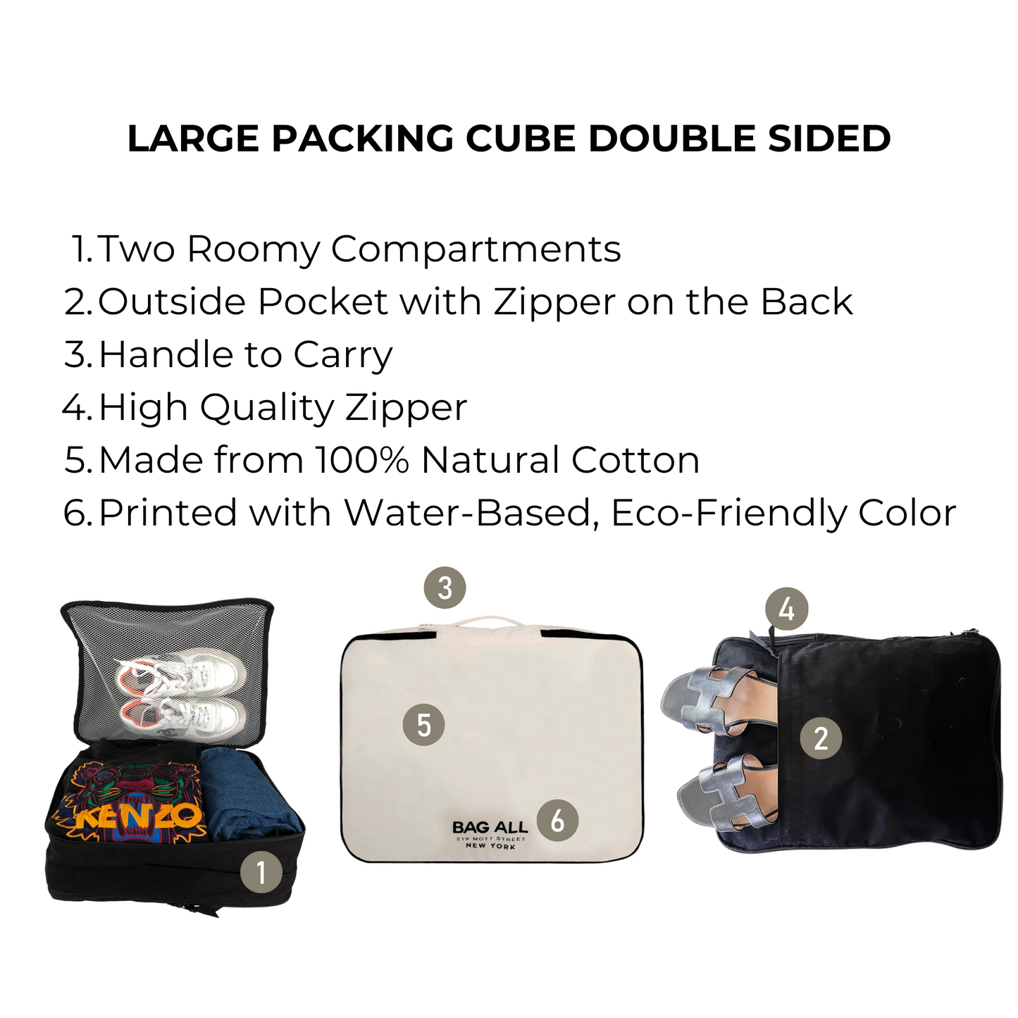 Bag-all Large Packing Cube Double Sided in cream features two spacious compartments, exterior shoe pocket, and carry handle, made from natural cotton with eco-friendly printing
