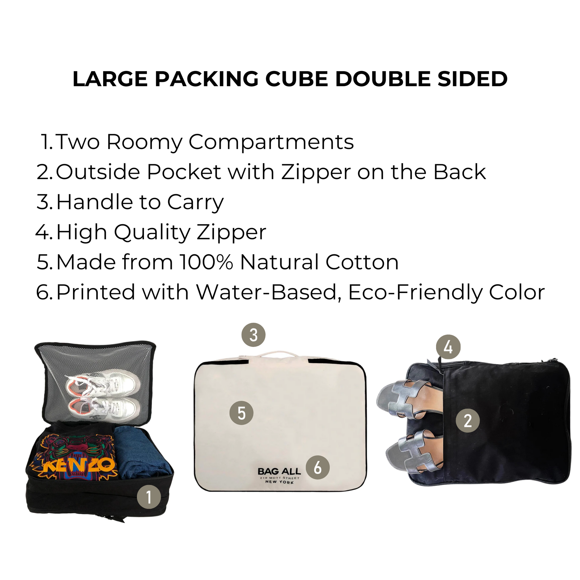 Bag-all Large Packing Cube Double Sided in cream features two spacious compartments, exterior shoe pocket, and carry handle, made from natural cotton with eco-friendly printing
