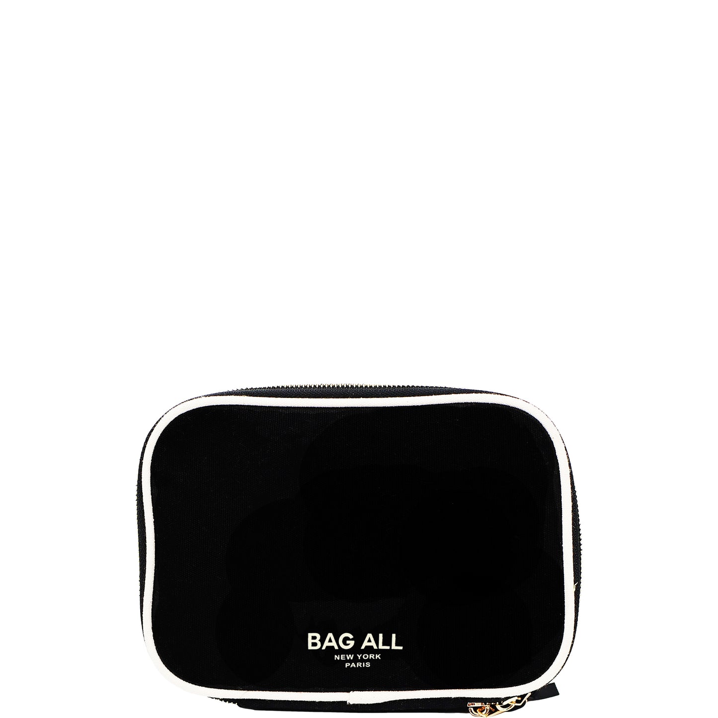 Bag-all Double Sided Toiletry Case in Black with white trim and dual compartments, featuring waterproof lining and carry handle - perfect for travel organization