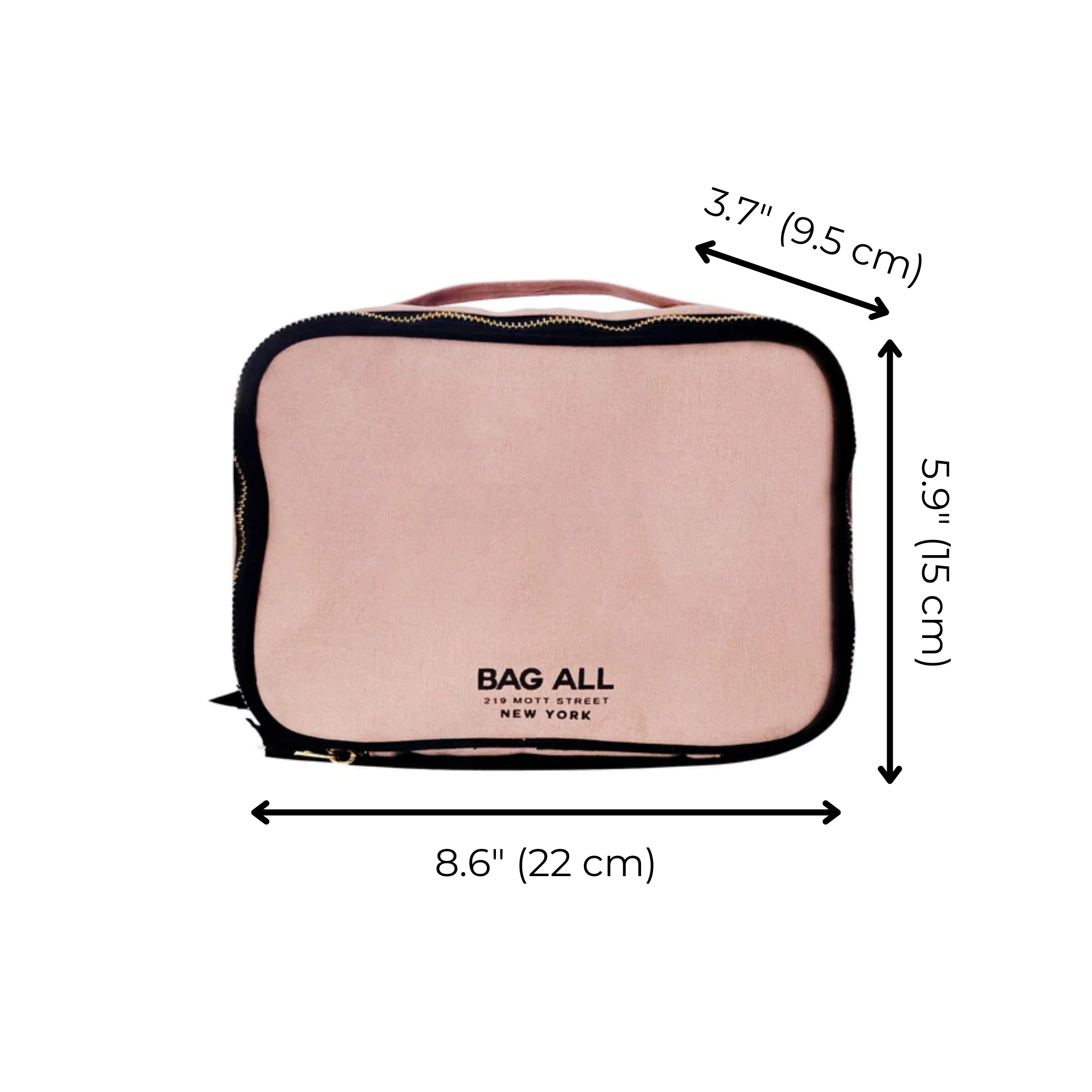 Bag-all Double Sided Multi Use Case in Pink/Blush, featuring dimensions 8.6x5.9x3.7 inches, with dual-compartment design and cotton construction for versatile organization