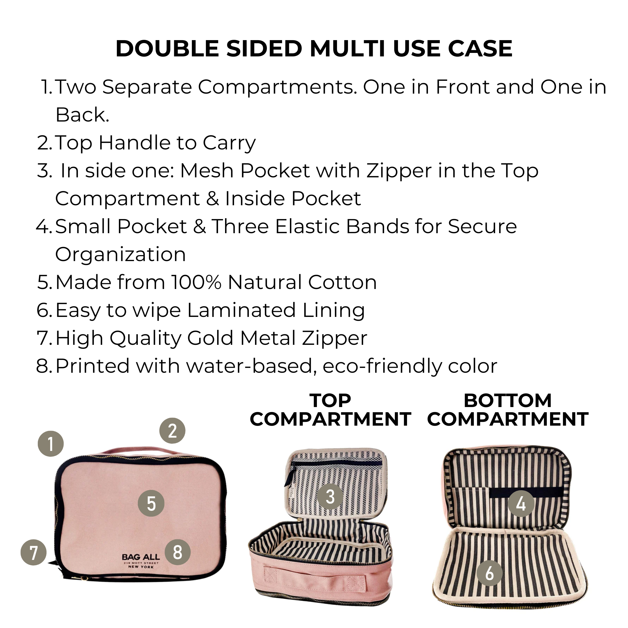 Bag-all Double Sided Multi Use Case in Pink/Blush featuring dual compartments, mesh pocket, elastic bands, cotton construction, gold zipper and striped lining - perfect for organizing essentials