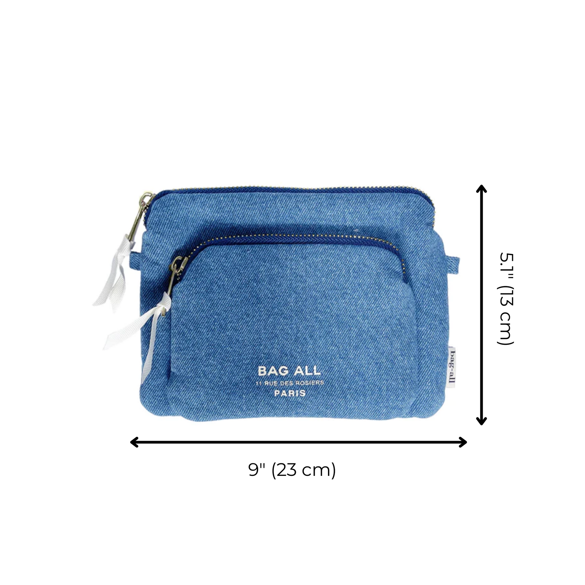 Bag-all Padded Trinket Pouch Double Pocket in denim with dual zippered compartments, measuring 9x5.1 inches, featuring white zippers and brand logo