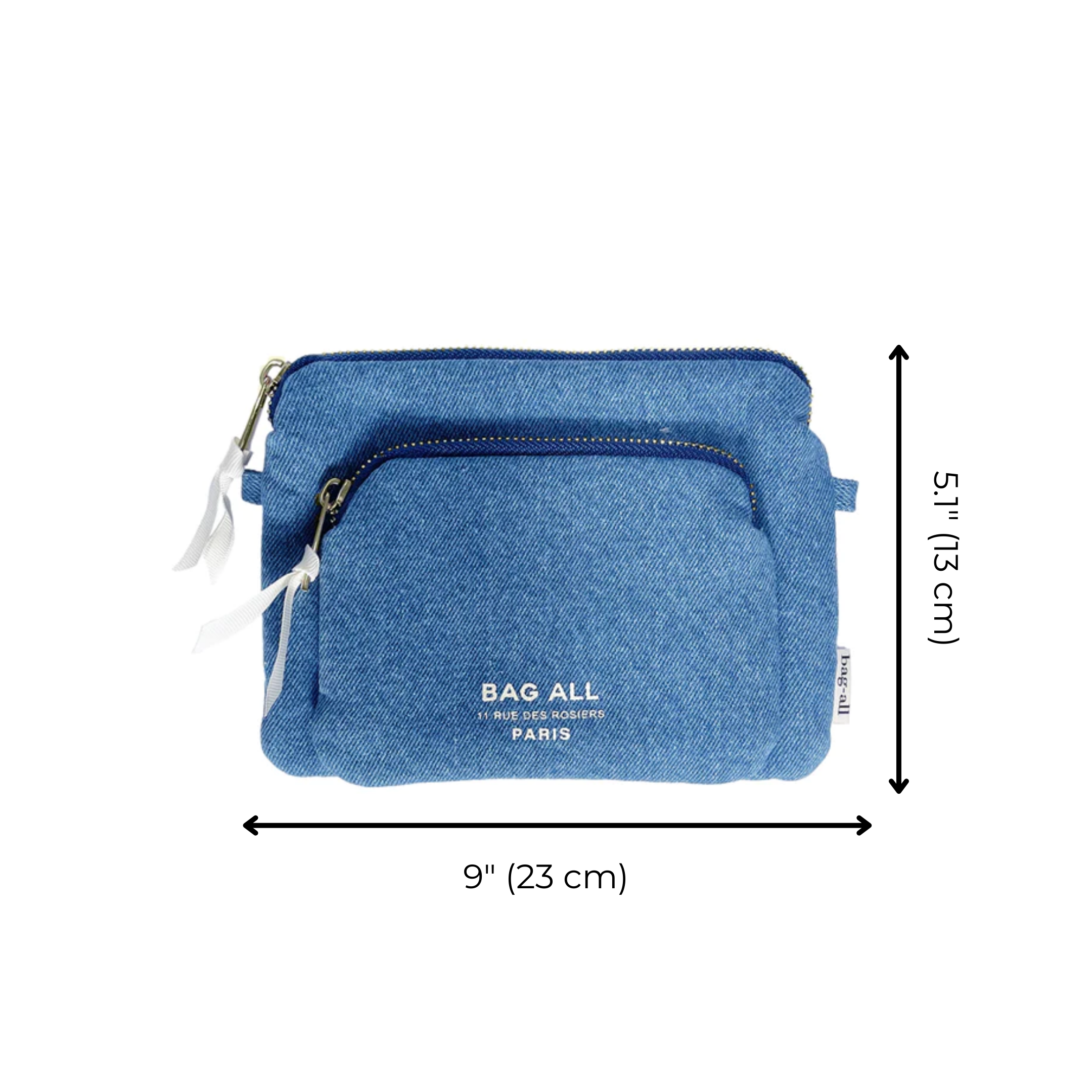 Bag-all Padded Trinket Pouch Double Pocket in denim with dual zippered compartments, measuring 9x5.1 inches, featuring white zippers and brand logo