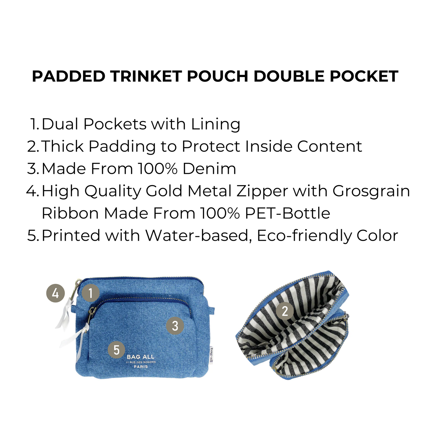 Bag-all Padded Trinket Pouch Double Pocket in denim features dual lined compartments, eco-friendly construction, gold zipper, and protective padding for secure storage of small essentials