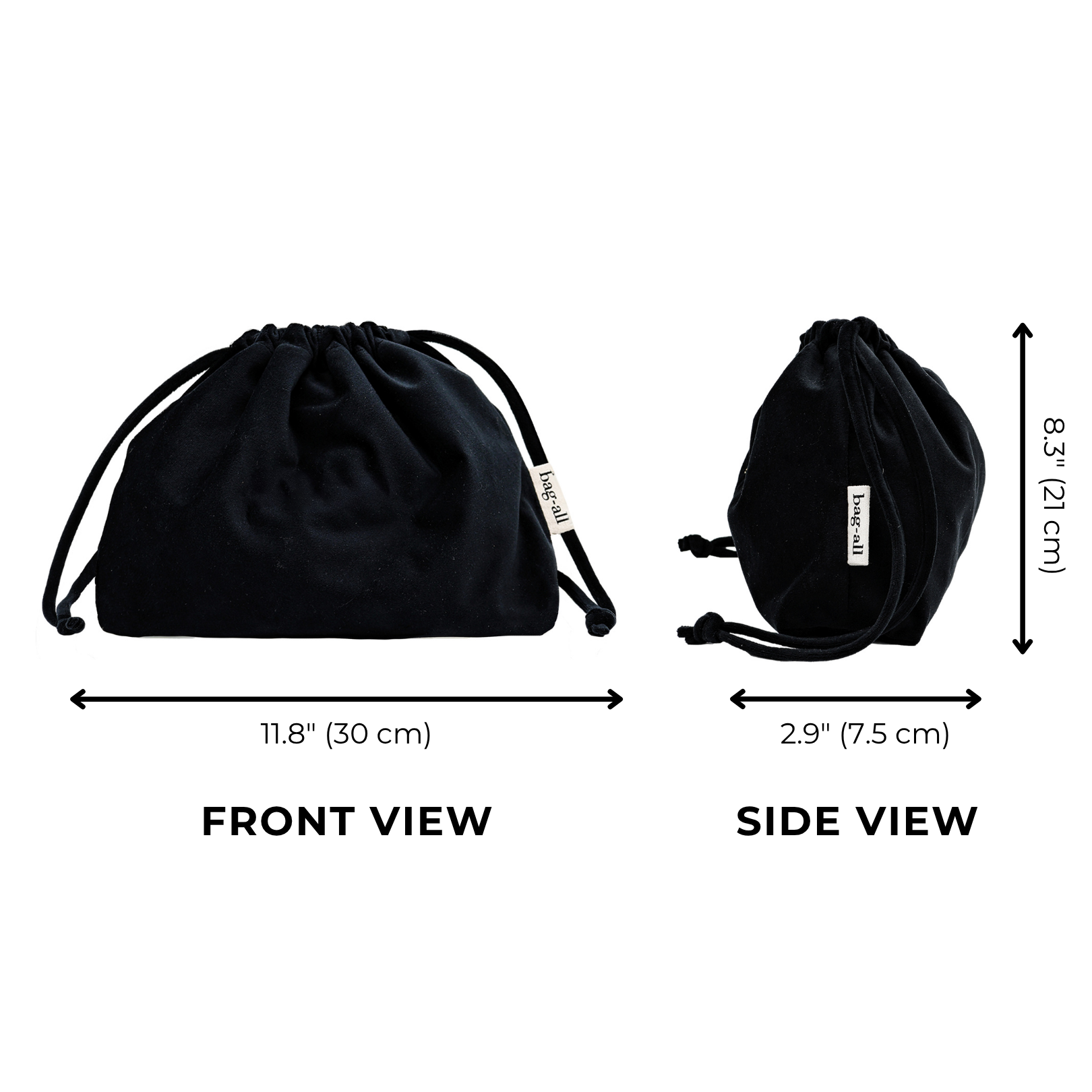 Black velvet drawstring makeup organizing bag with Bag-all label, compact and soft for travel and home use.