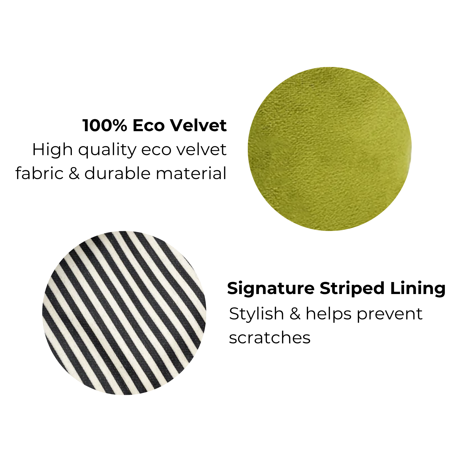 Green eco velvet fabric and black white striped lining details of Bag-all drawstring makeup organizing bag materials