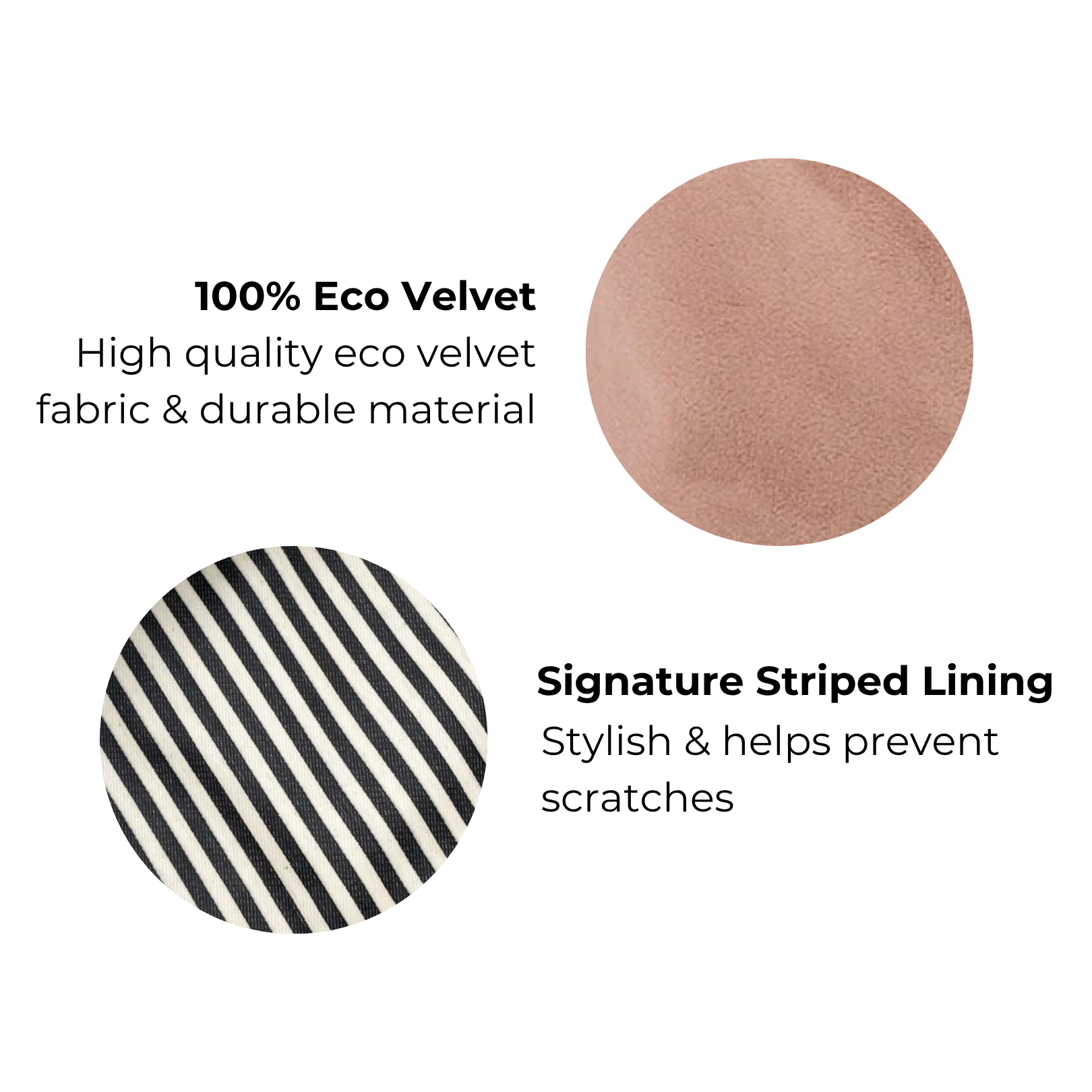 Pink eco velvet fabric close-up and black and white striped lining detail for Bag-all drawstring makeup bag