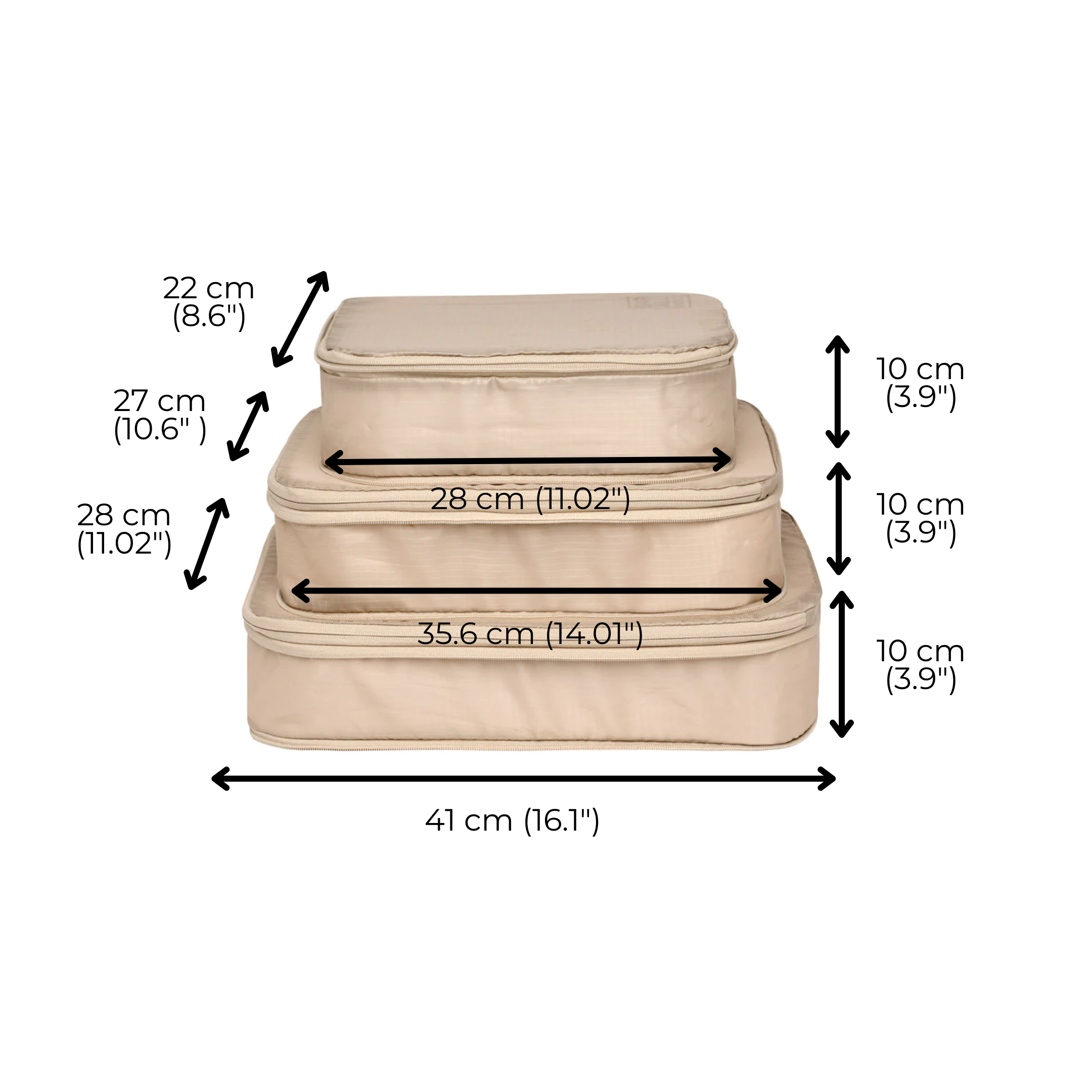 Bag-all recycled nylon compression packing cubes in taupe shown in 3 sizes with dimensions: small 22x27cm, medium 28x28cm, large 35.6x41cm, each 10cm height