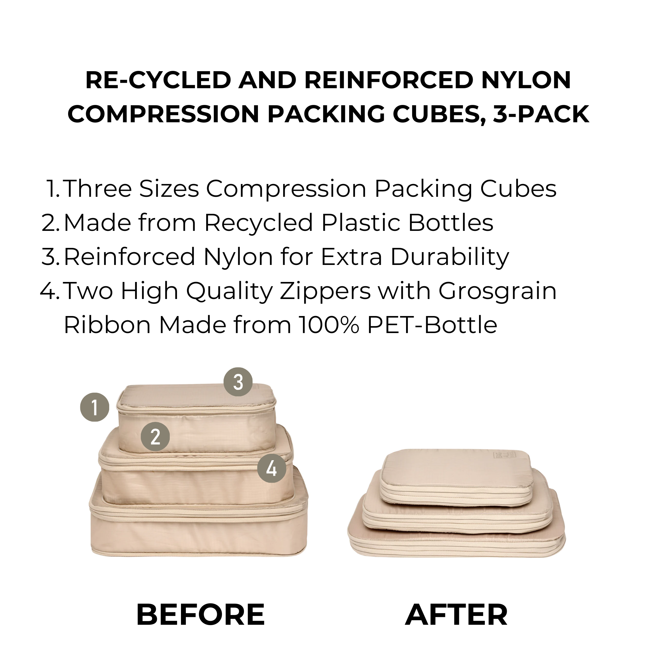Bag-all recycled nylon compression packing cubes in taupe, shown before and after compression, featuring 3 sizes with eco-friendly zippers and durable construction from recycled bottles