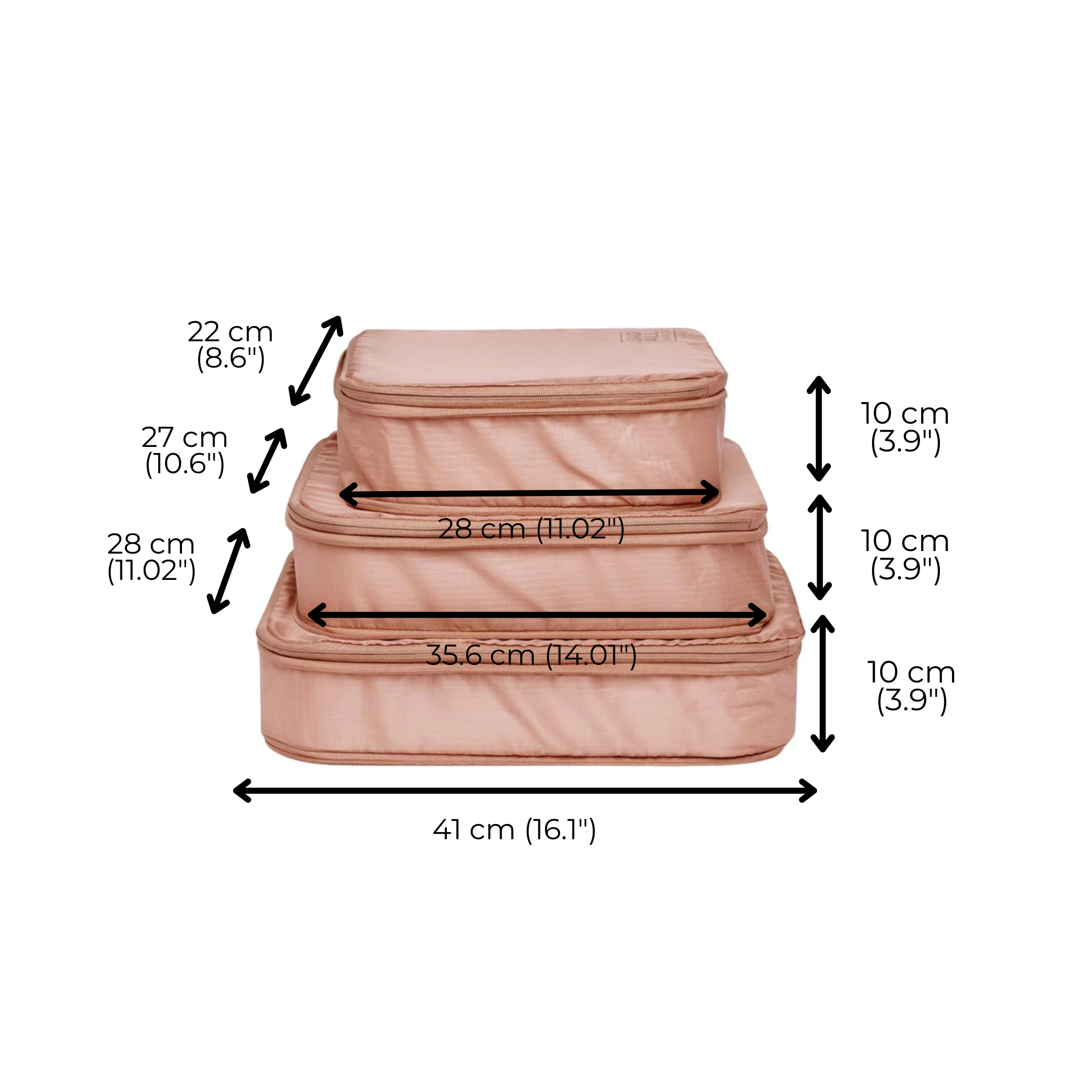 Bag-all recycled nylon compression packing cubes in pink/blush, showing 3 sizes with measurements: small (22x27cm), medium (28x28cm), and large (35.6x41cm), each 10cm in height