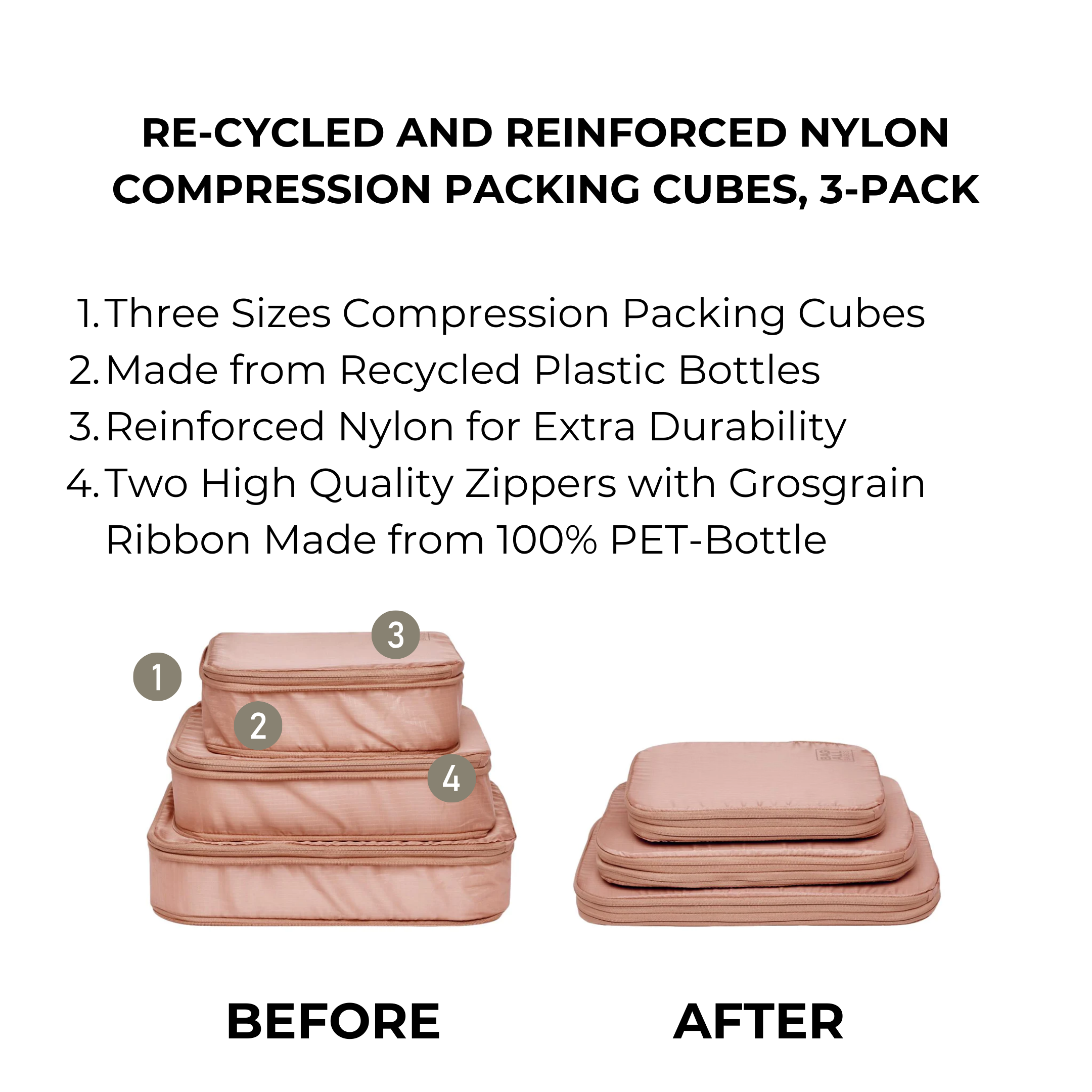 Bag-all Pink Recycled Nylon Compression Packing Cubes displayed in three sizes, showing before and after compression comparison, featuring eco-friendly design and durable zippers in blush color