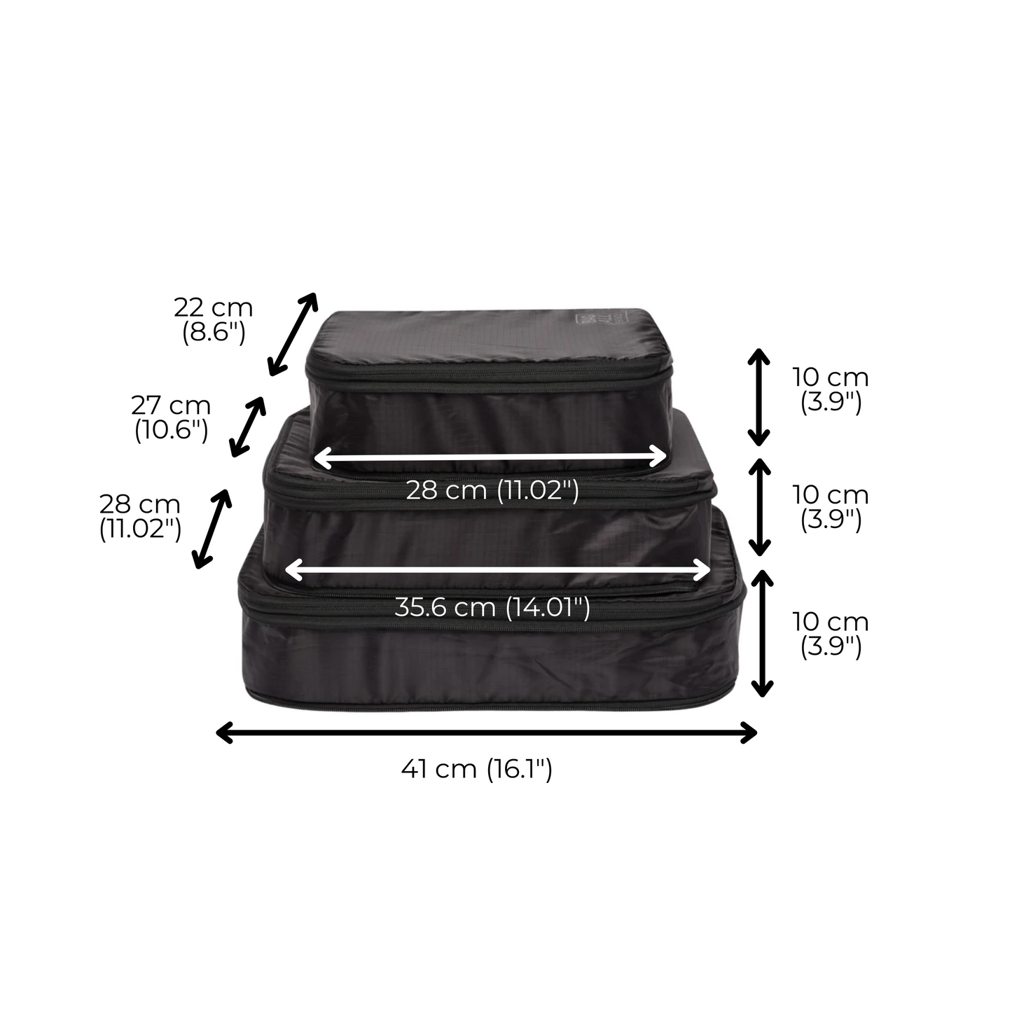 Bag-all Recycled Nylon Compression Packing Cubes in black, showing 3 different sizes with detailed measurements - small 22x28cm, medium 27x35.6cm, and large 28x41cm, each 10cm high