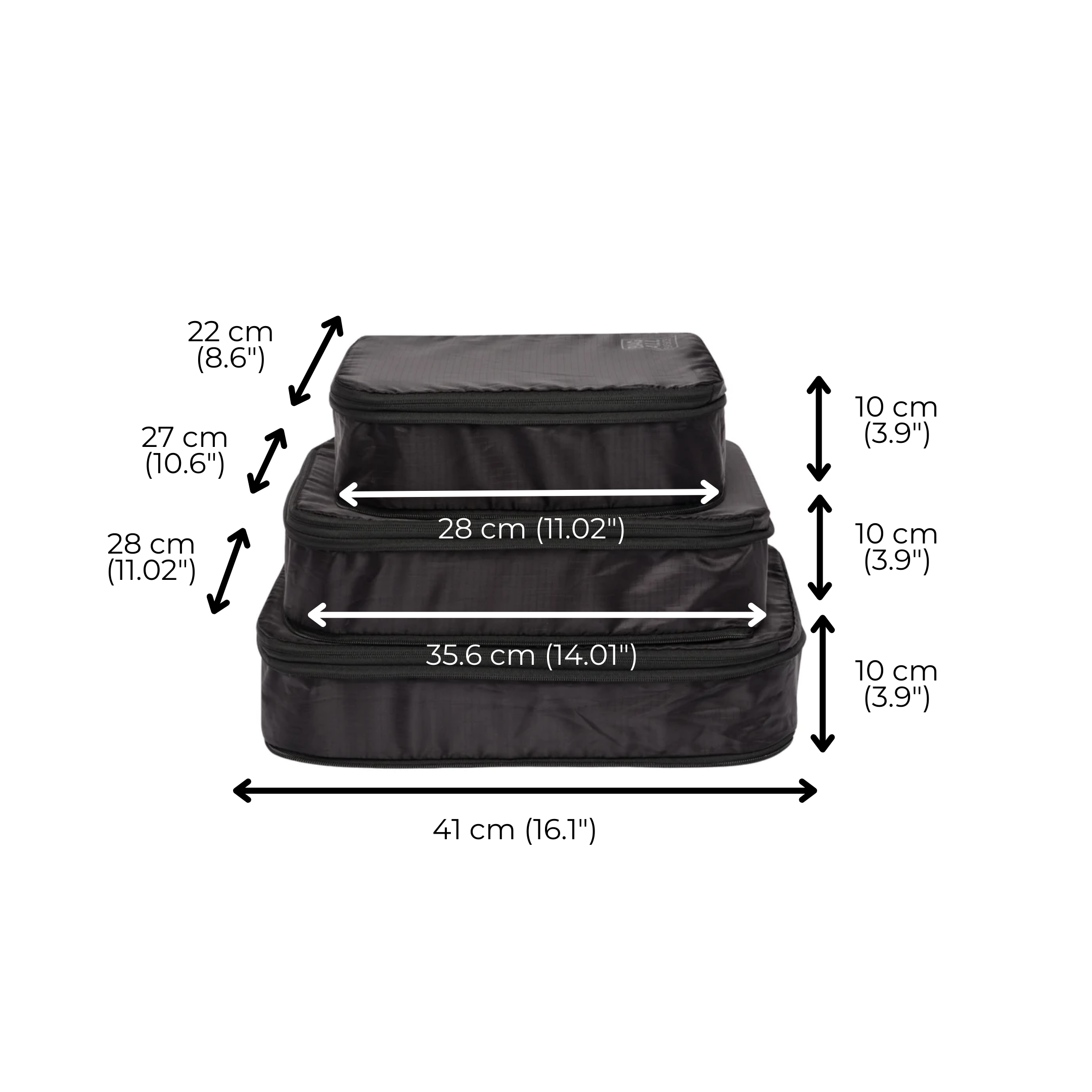 Bag-all Recycled Nylon Compression Packing Cubes in black, showing 3 different sizes with detailed measurements - small 22x28cm, medium 27x35.6cm, and large 28x41cm, each 10cm high