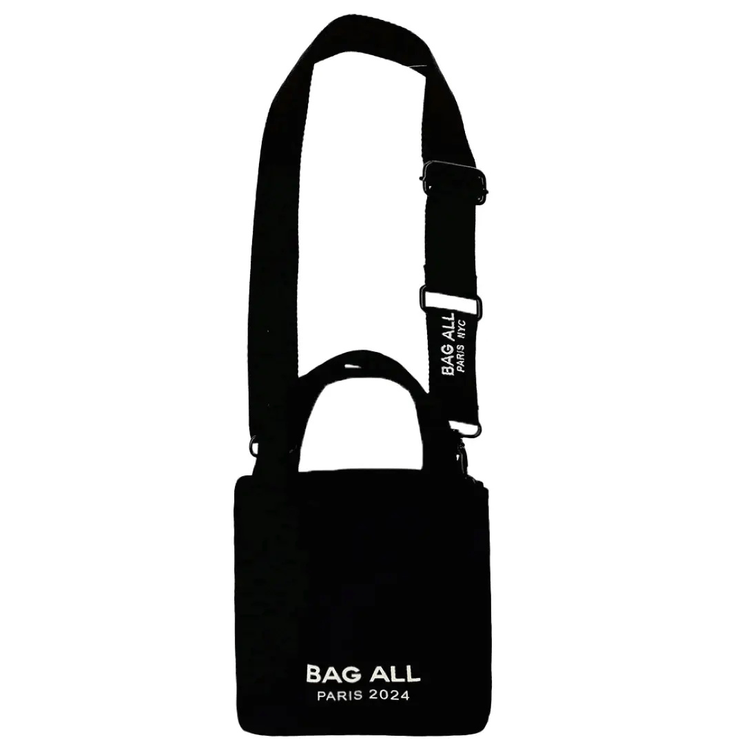 Bag-all Mini Tote Bag in black cotton with adjustable strap, interior pocket and Paris 2024 logo, featuring minimalist design and practical functionality