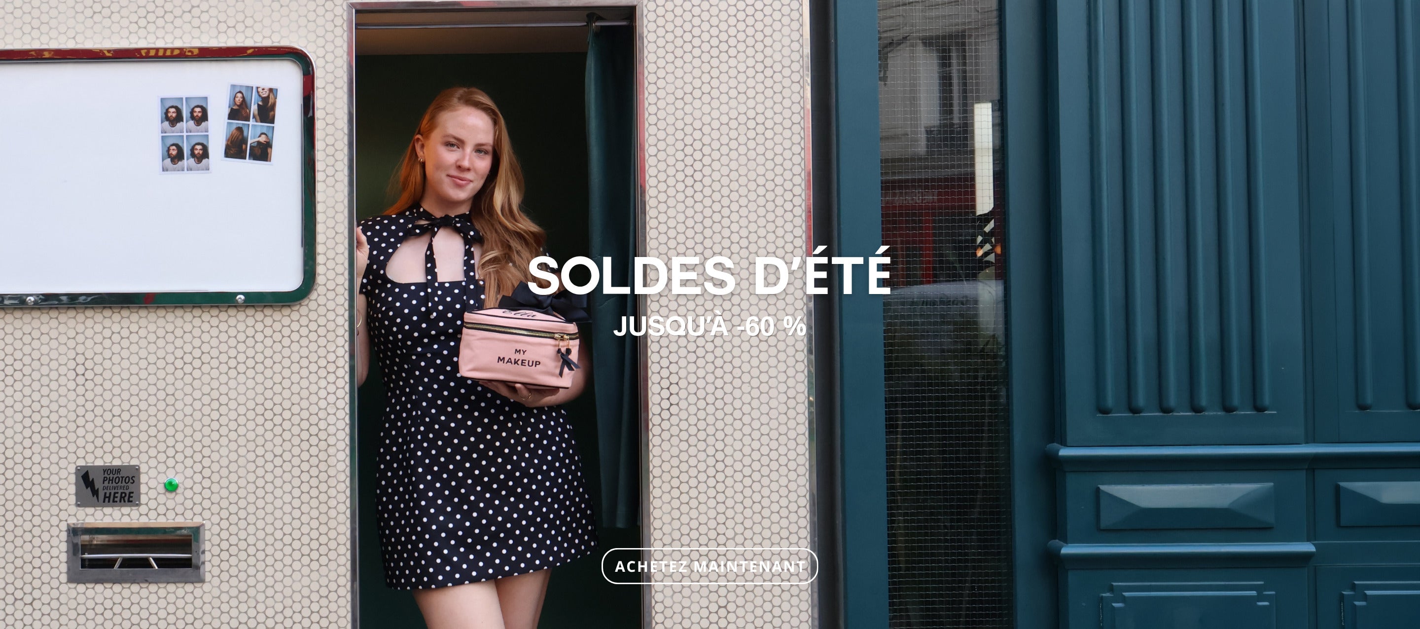 Woman in black polka dot dress holding personalized cotton bag by Bag-all, standing in doorway with summer sale text promoting travel organization.